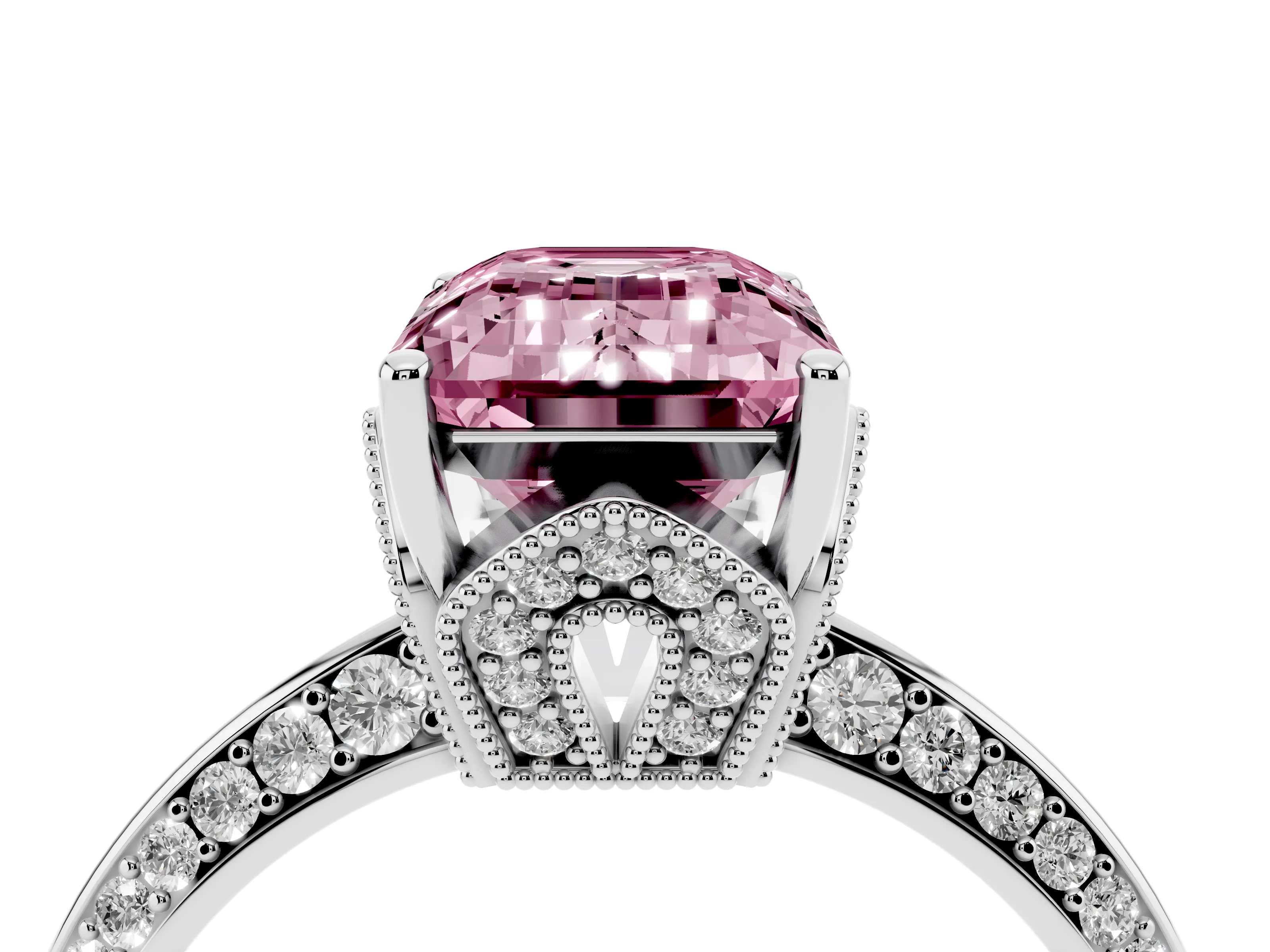 Fancy Pink Emerald Cut Diamond Solitaire Engagement Ring Set in White gold with Pavé Split Shank and Prong Setting