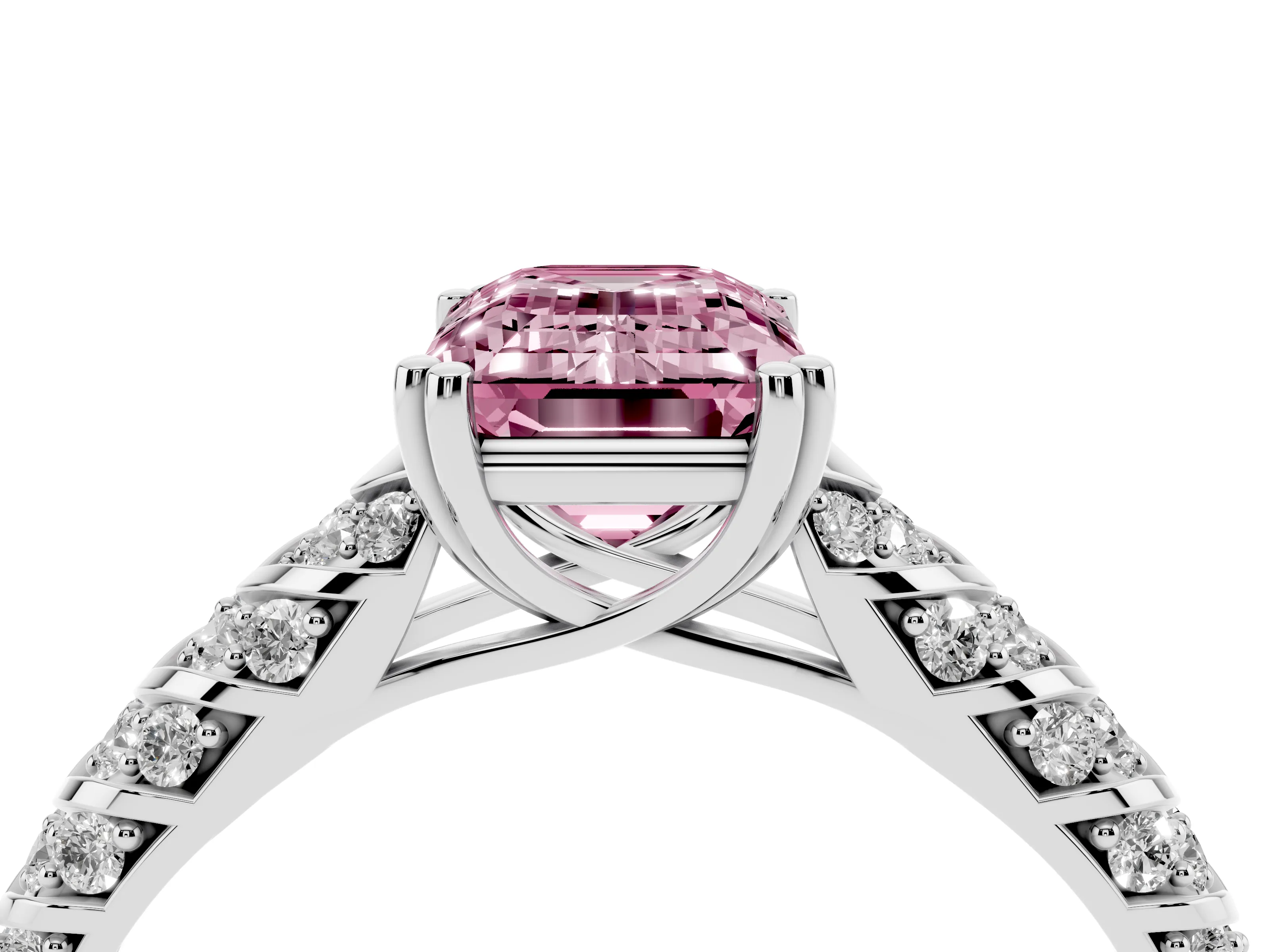 Fancy Pink Emerald Cut Diamond Solitaire Chevron Pavé Engagement Ring Set in Silver with Prong Setting