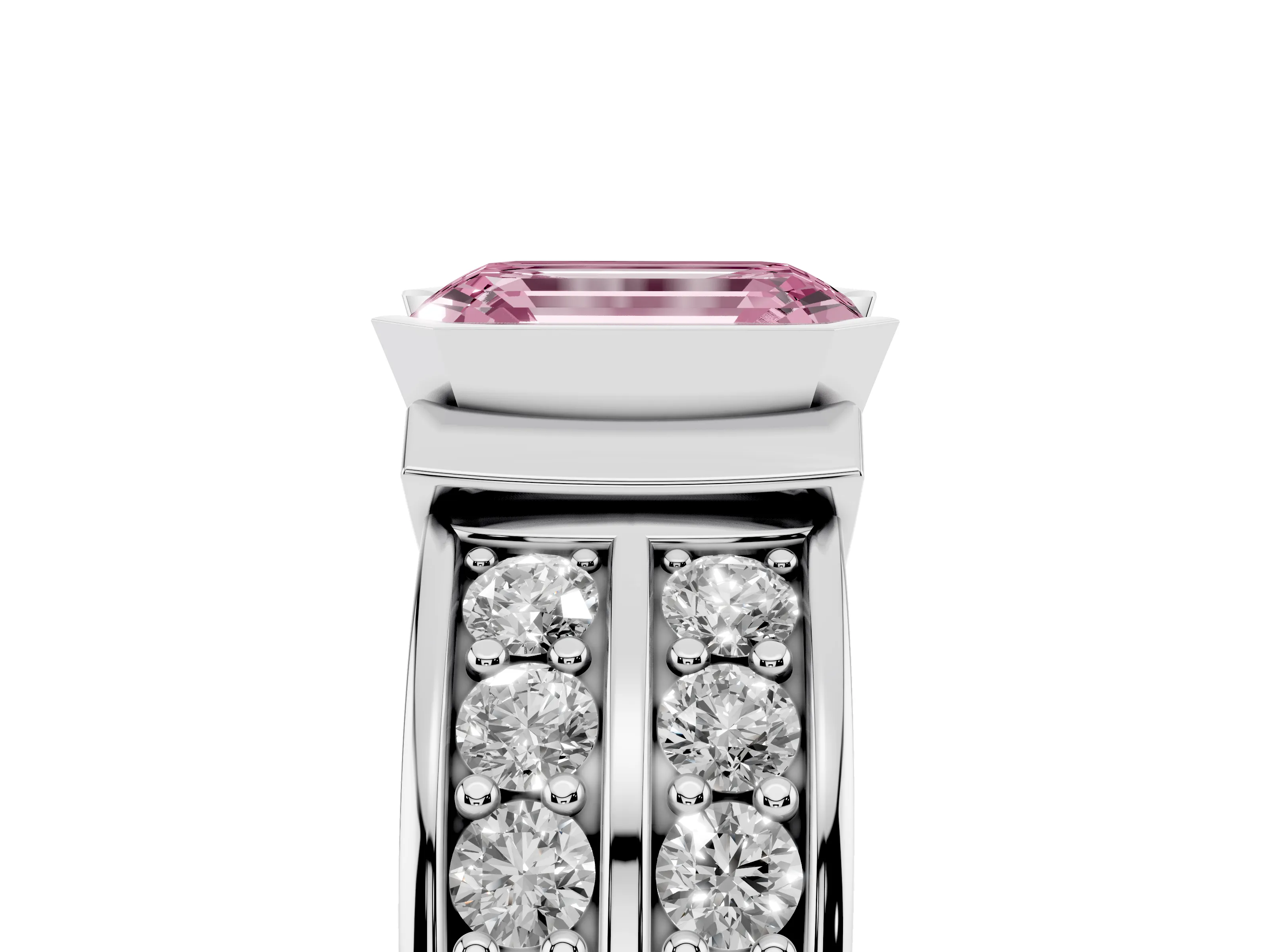 Fancy Pink Emerald Cut Diamond Wide Channel Set Band Ring Set in Silver with Bezel Setting