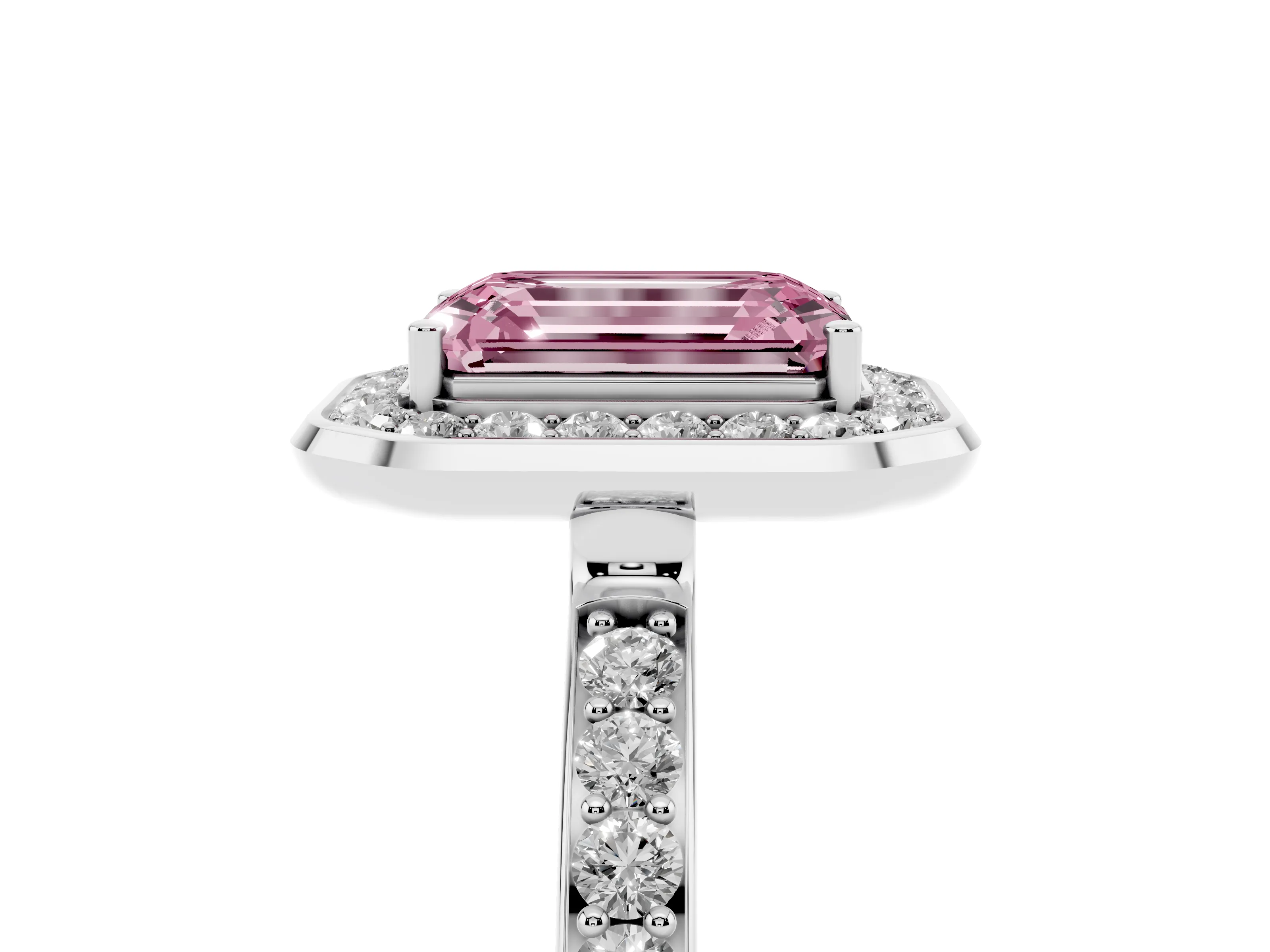 Fancy Pink Emerald Cut Diamond Halo Ring Set in White gold with Bezel Frame and Pavé Band