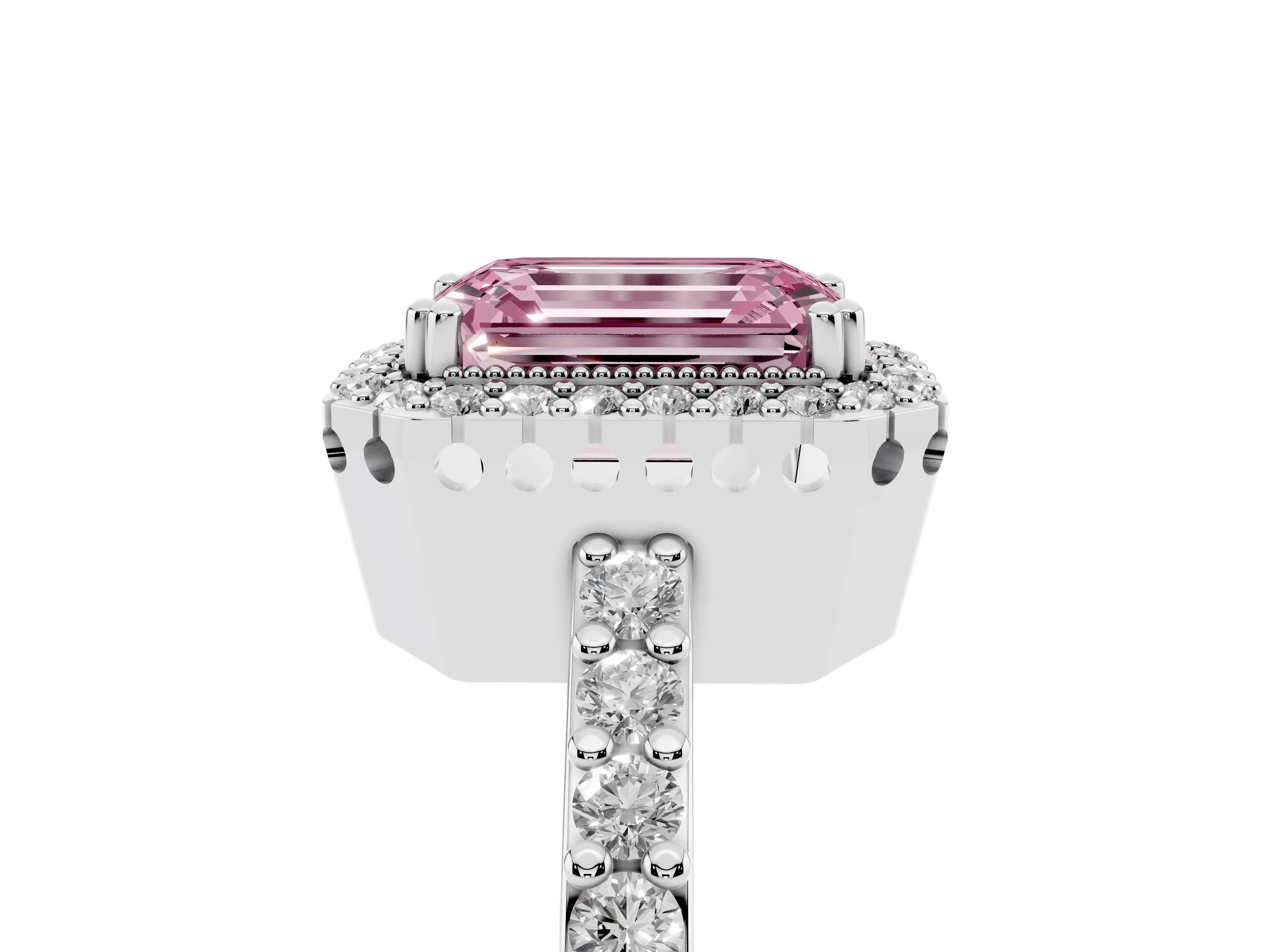Fancy Pink Emerald Cut Diamond Halo Engagement Ring Set in White gold with Milgrain Detail and Pavé Band