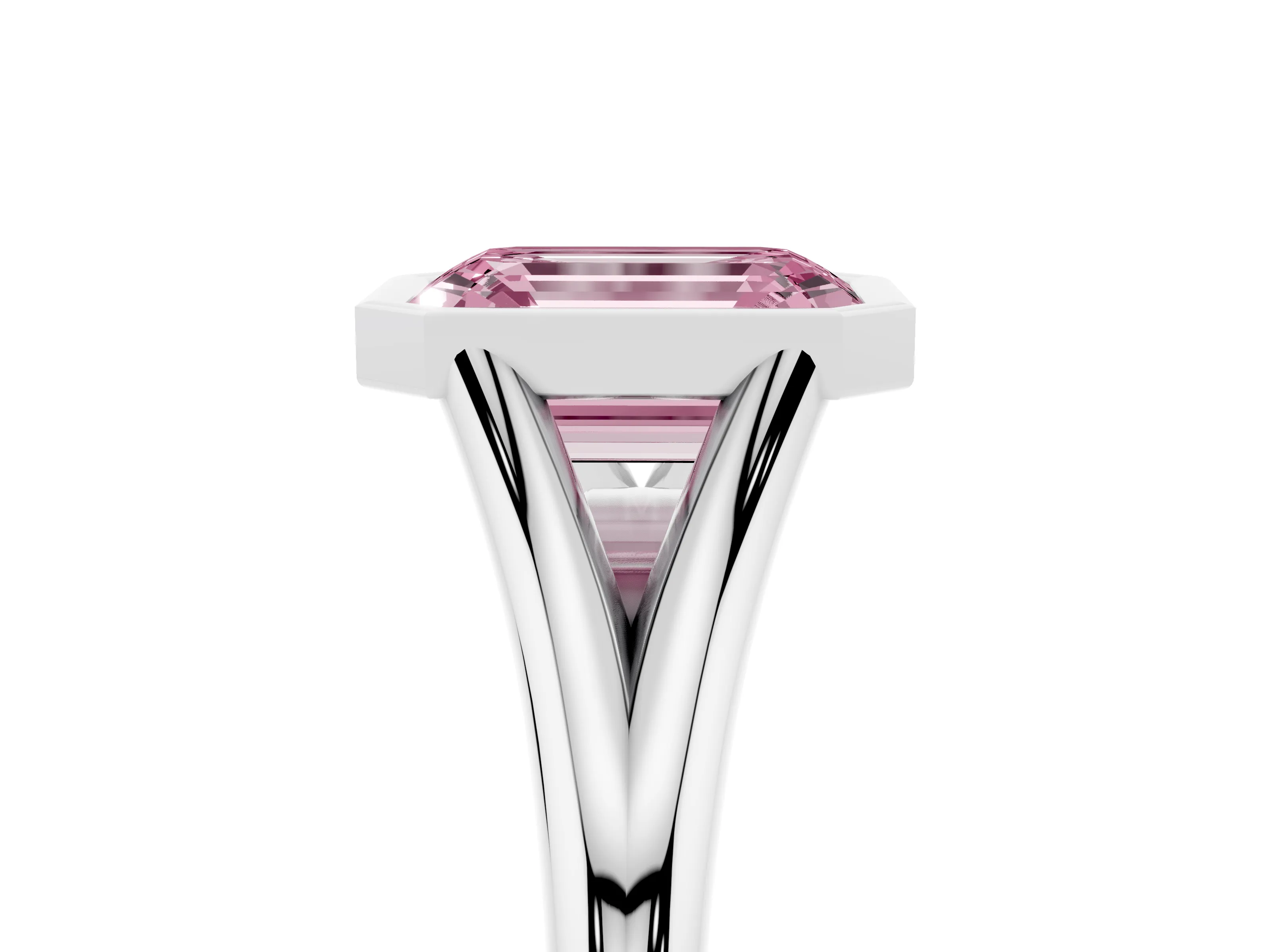 Fancy Pink Bezel Set Emerald Cut Diamond Solitaire Ring Set in Platinum with Tapered Band