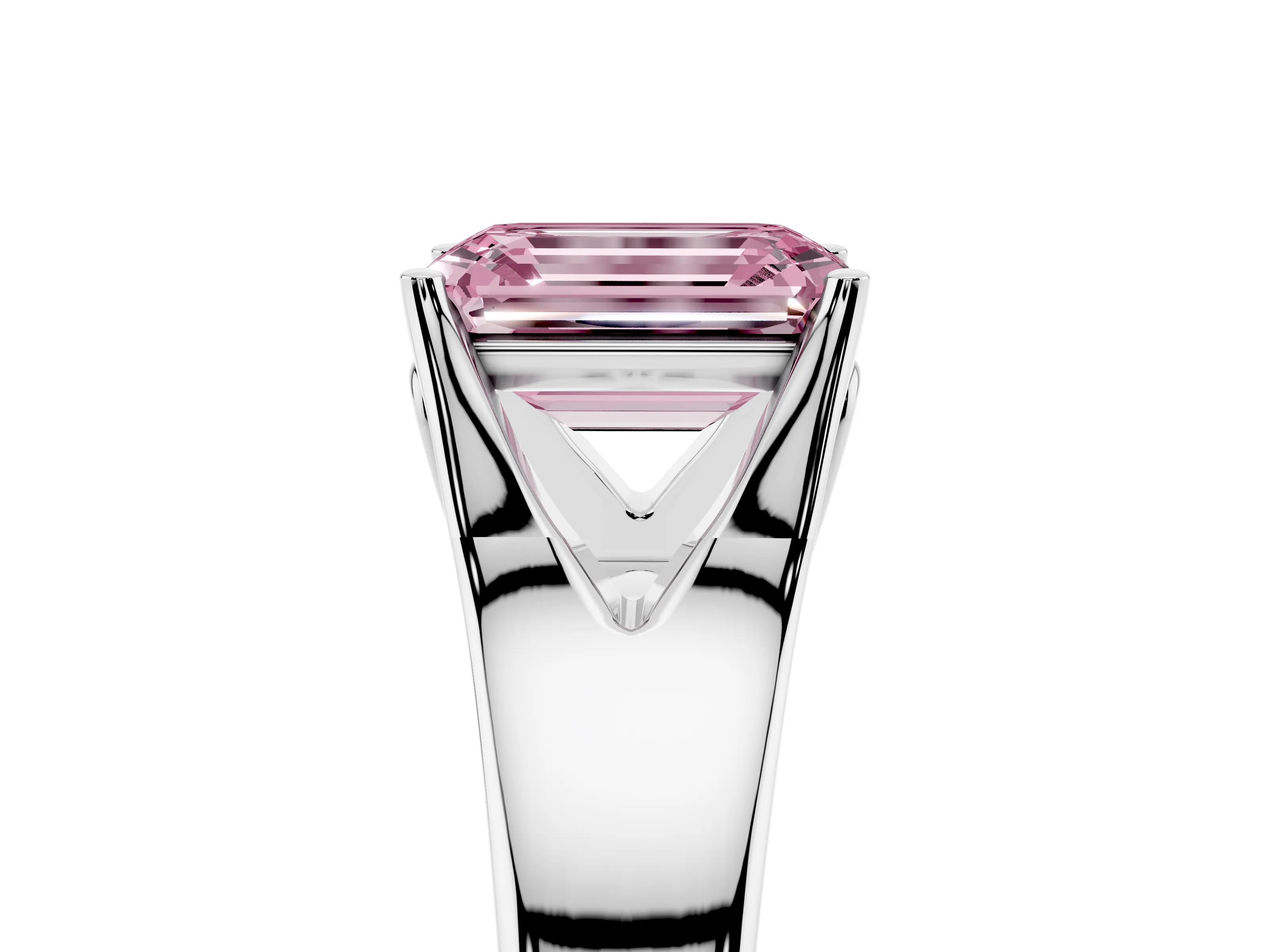 Fancy Pink Emerald Cut Diamond Solitaire Ring Set in White gold with Arched Cathedral Band and Prong Setting