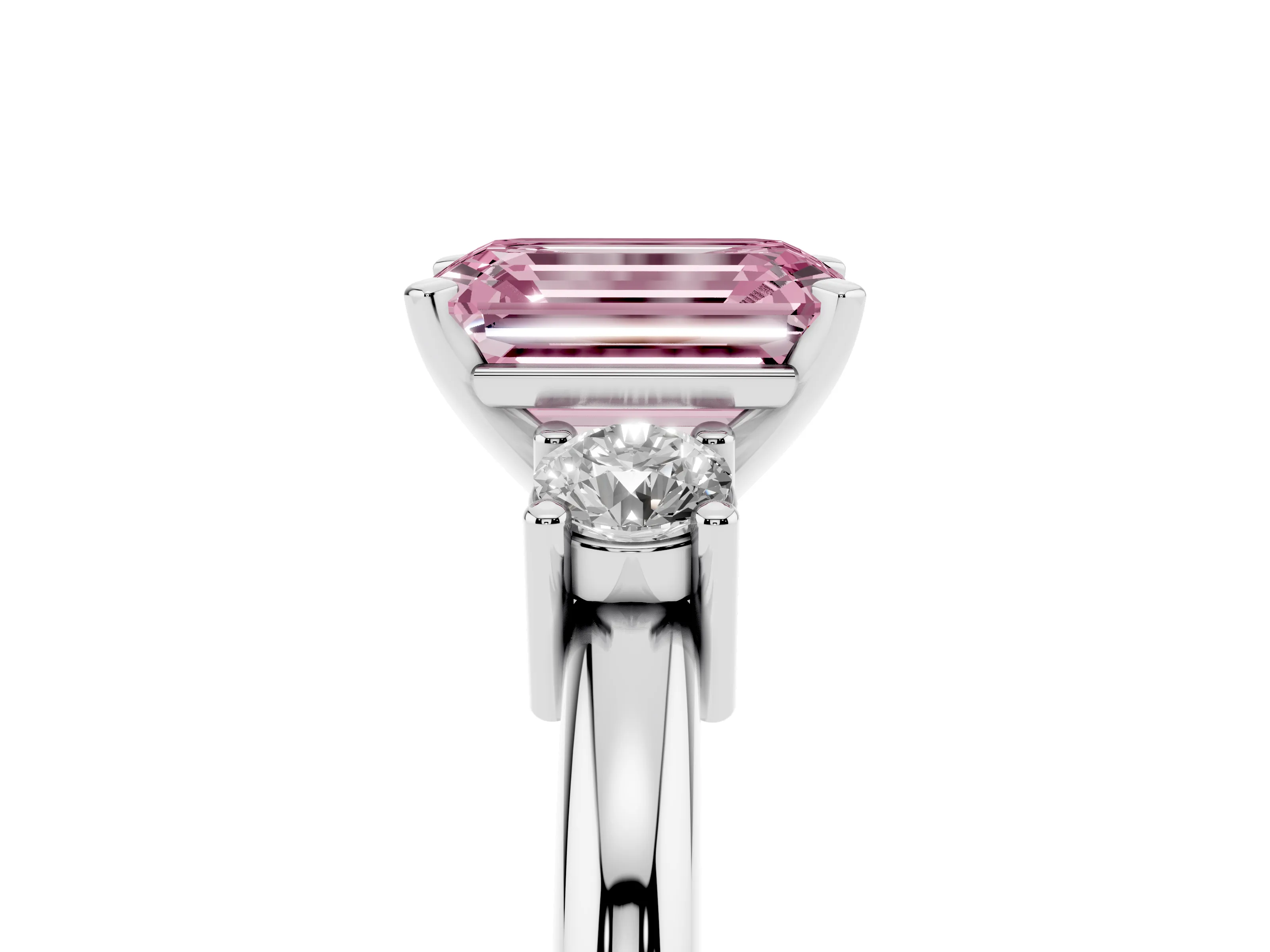 Fancy Pink Three-Stone Emerald Cut Diamond Ring Set in Silver with Prong Setting and Plain Band