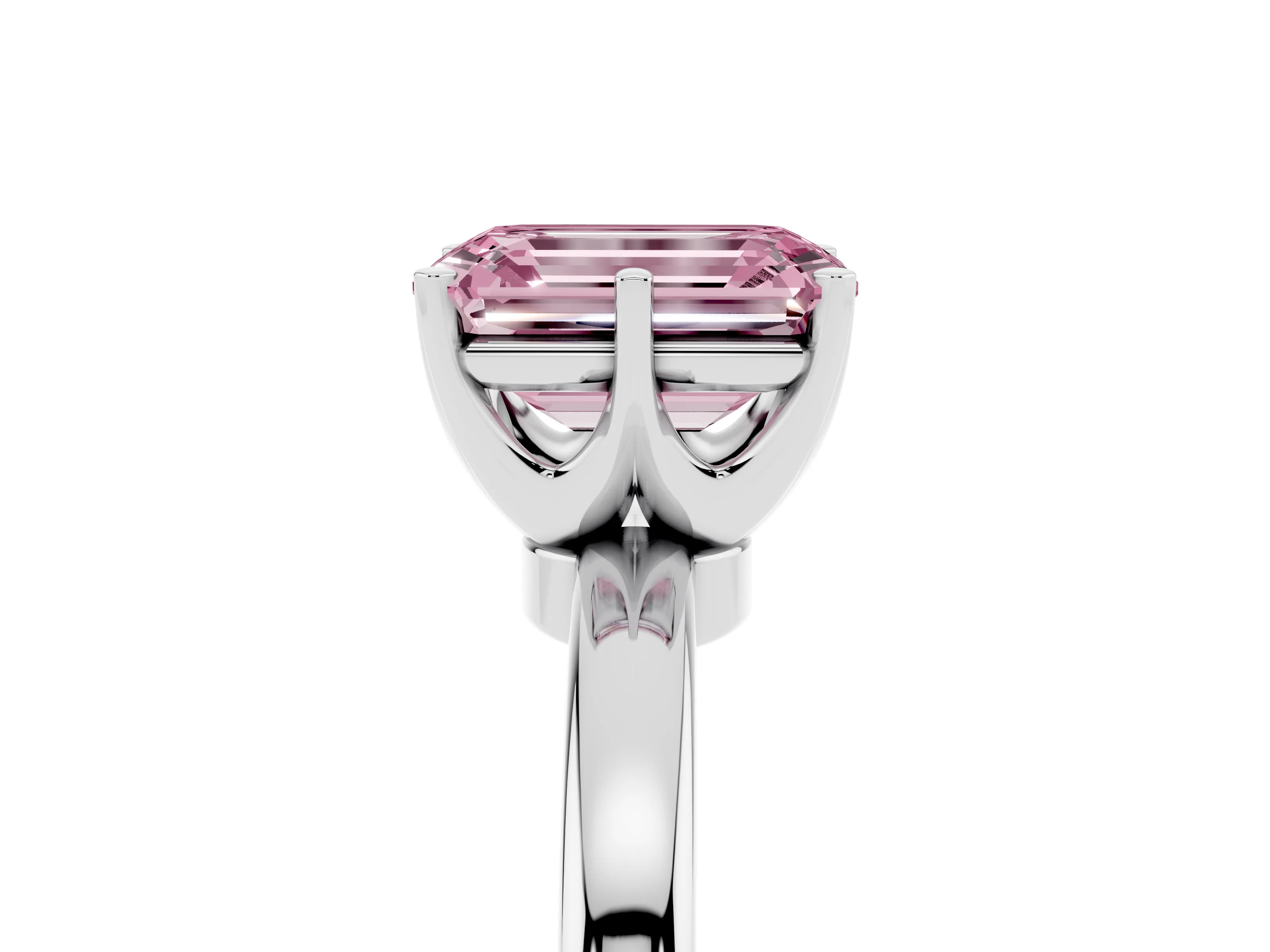 Fancy Pink Emerald Cut Diamond Solitaire Ring Set in Silver with Raised Prong Setting on a Classic Band