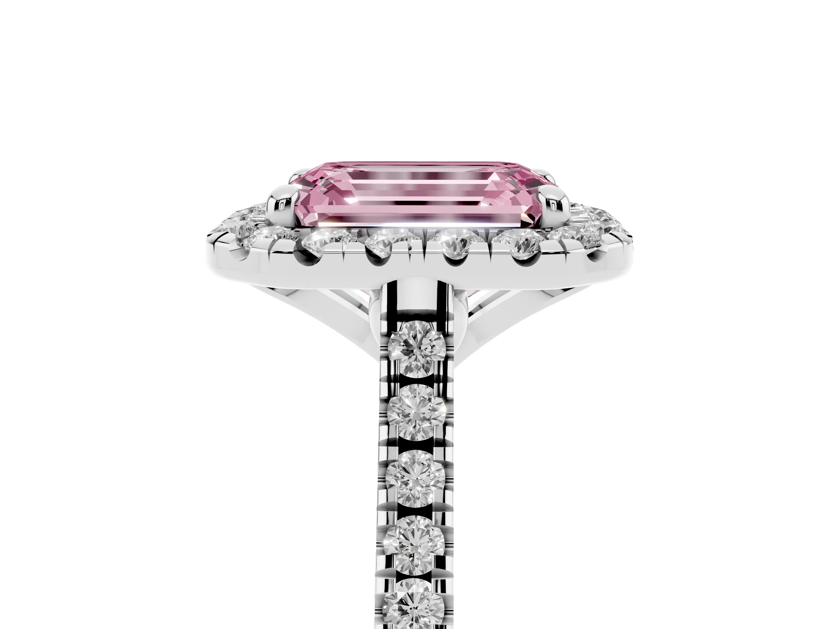 Fancy Pink Emerald Cut Diamond Cushion Halo Ring Set in White gold with Pavé Band