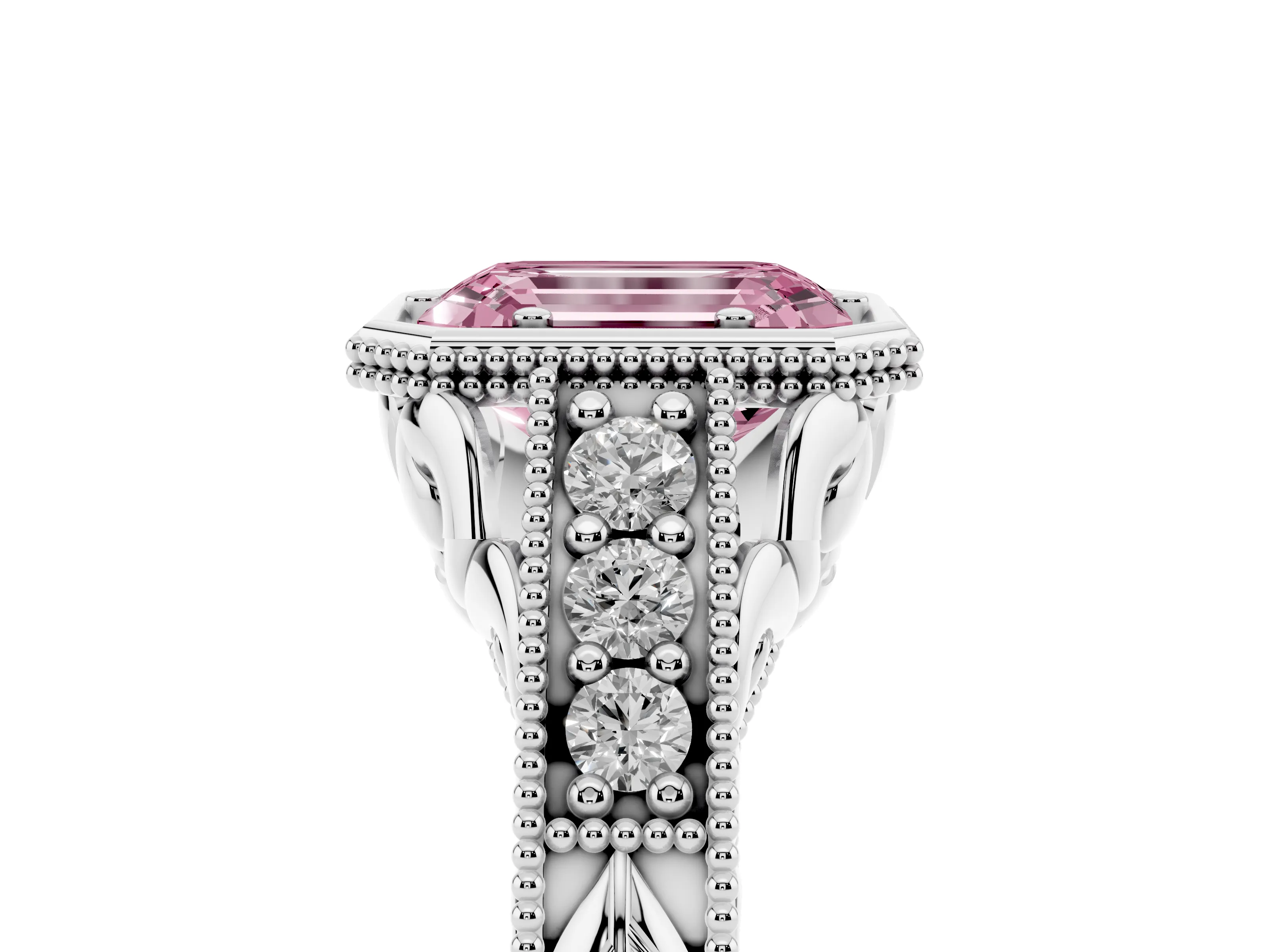 Fancy Pink Bezel Set Emerald Cut Diamond Milgrain Pavé Engagement Ring Set in Platinum