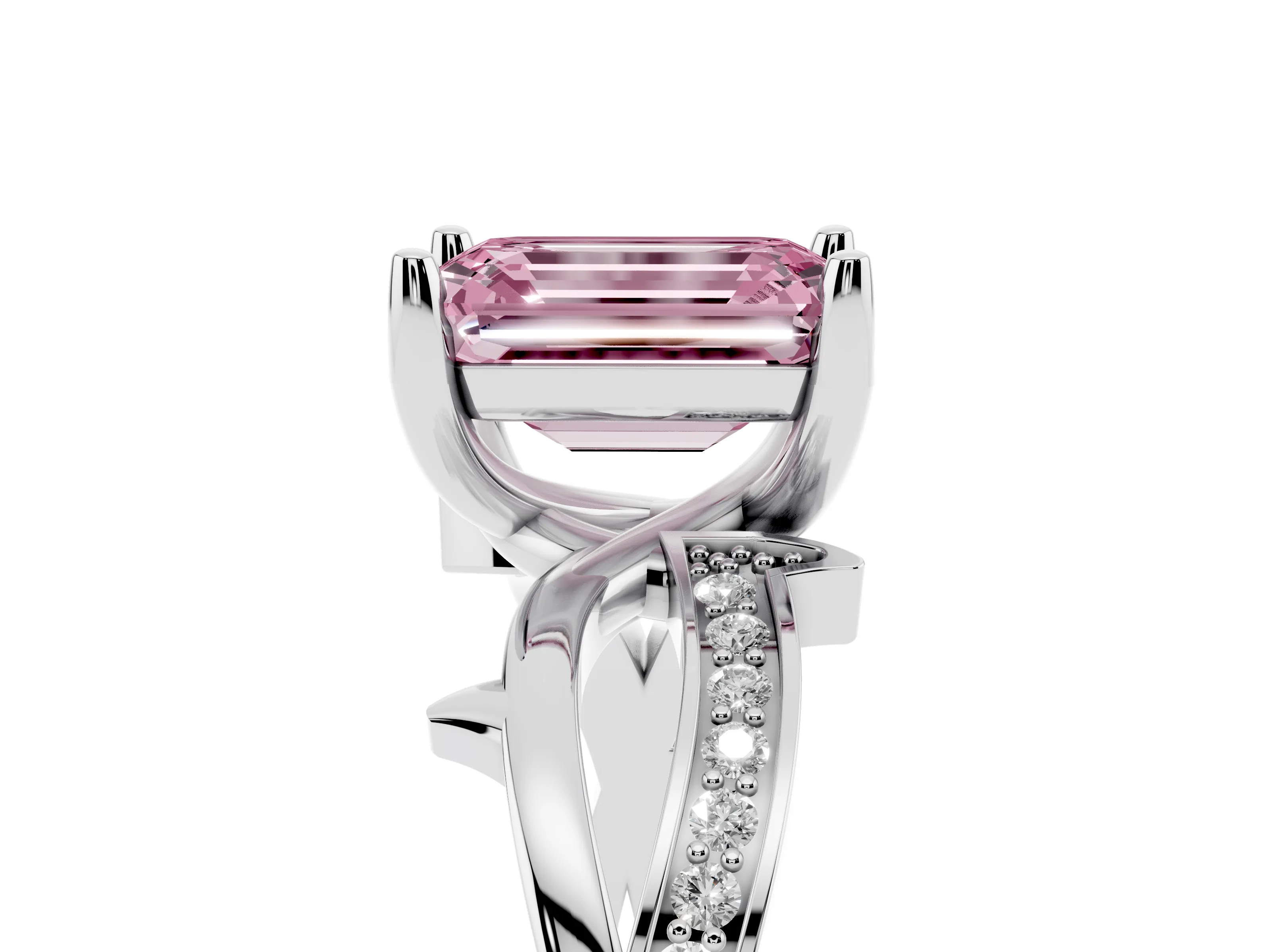 Fancy Pink Emerald Cut Diamond Pavé Twist Band Solitaire Ring Set in Platinum with Prong Setting