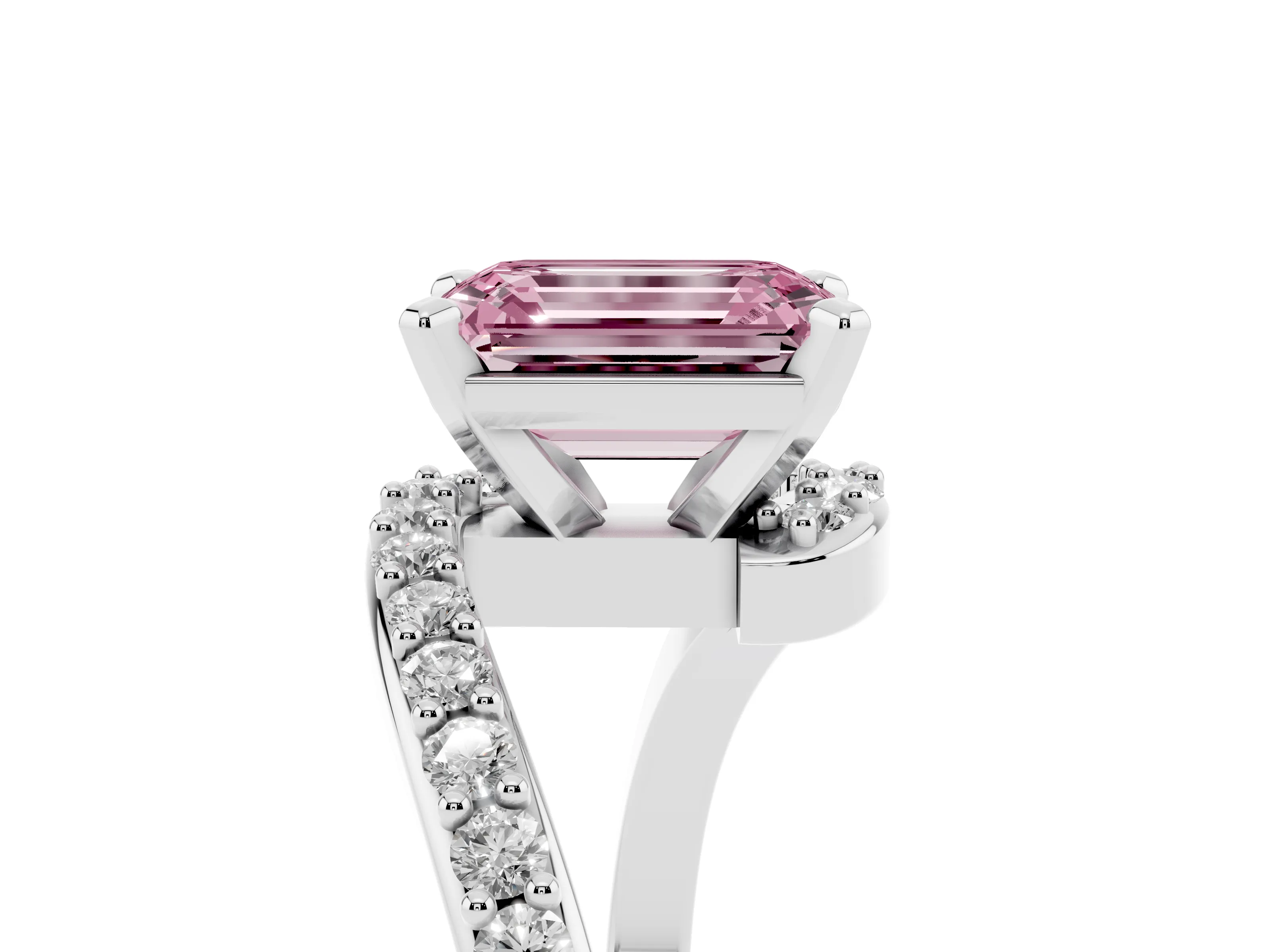 Fancy Pink Emerald Cut Diamond Solitaire Ring Set in Platinum with Pavé Twist Band and Prong Setting