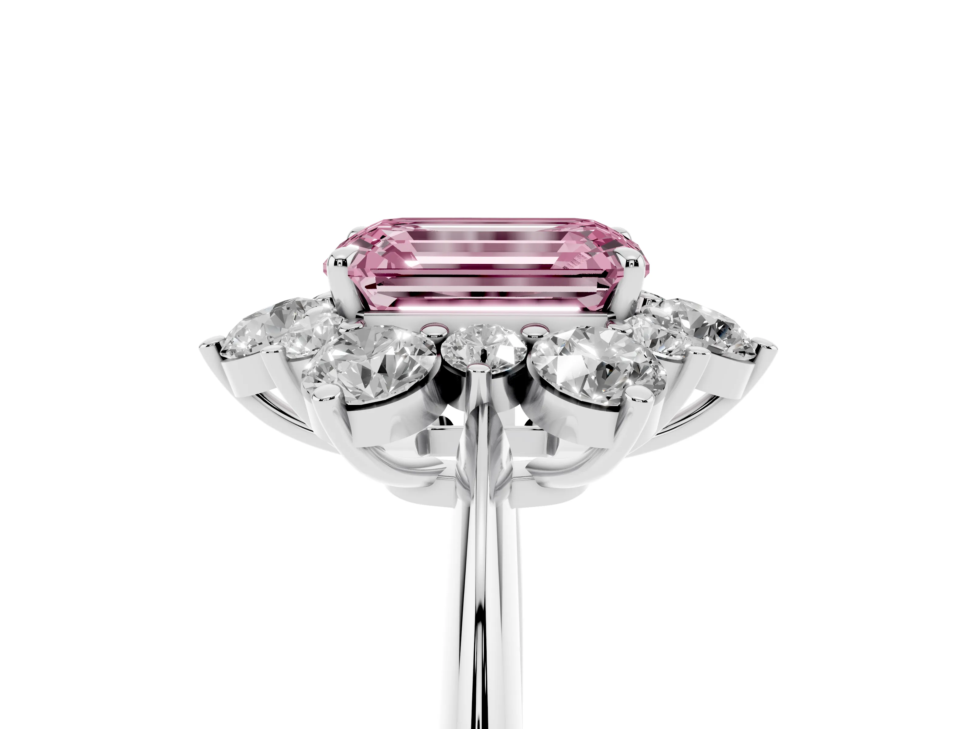 Fancy Pink Emerald Cut Diamond Cluster Halo Ring Set in White gold with Solitaire Band and Prong Setting