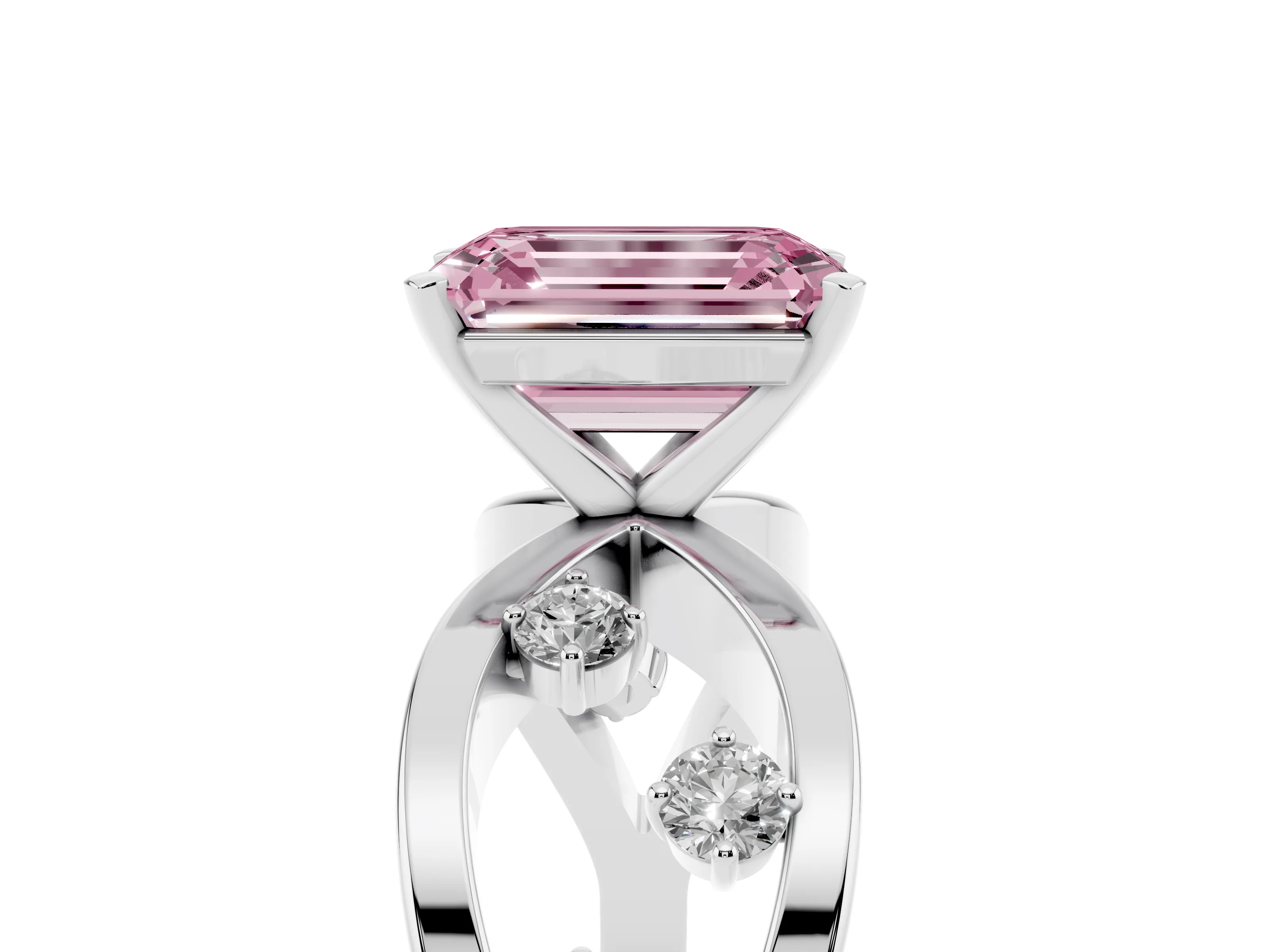Fancy Pink Emerald Cut Diamond Solitaire Ring Set in Platinum with Side Stones on Criss-Cross Band and Prong Setting