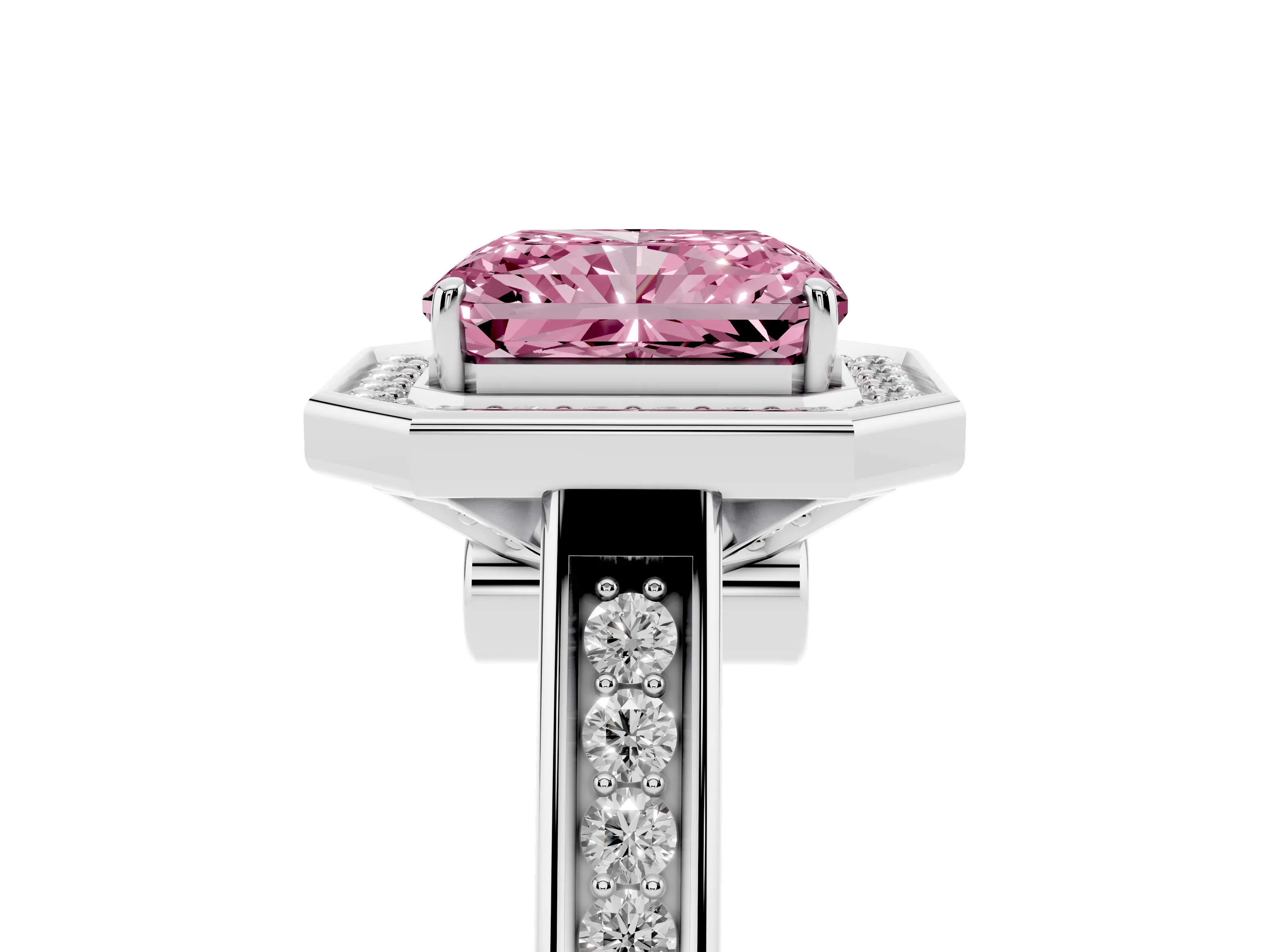 Fancy Pink Emerald Cut Diamond Halo Solitaire Ring Set in Platinum with Pavé Band and Bezel Setting