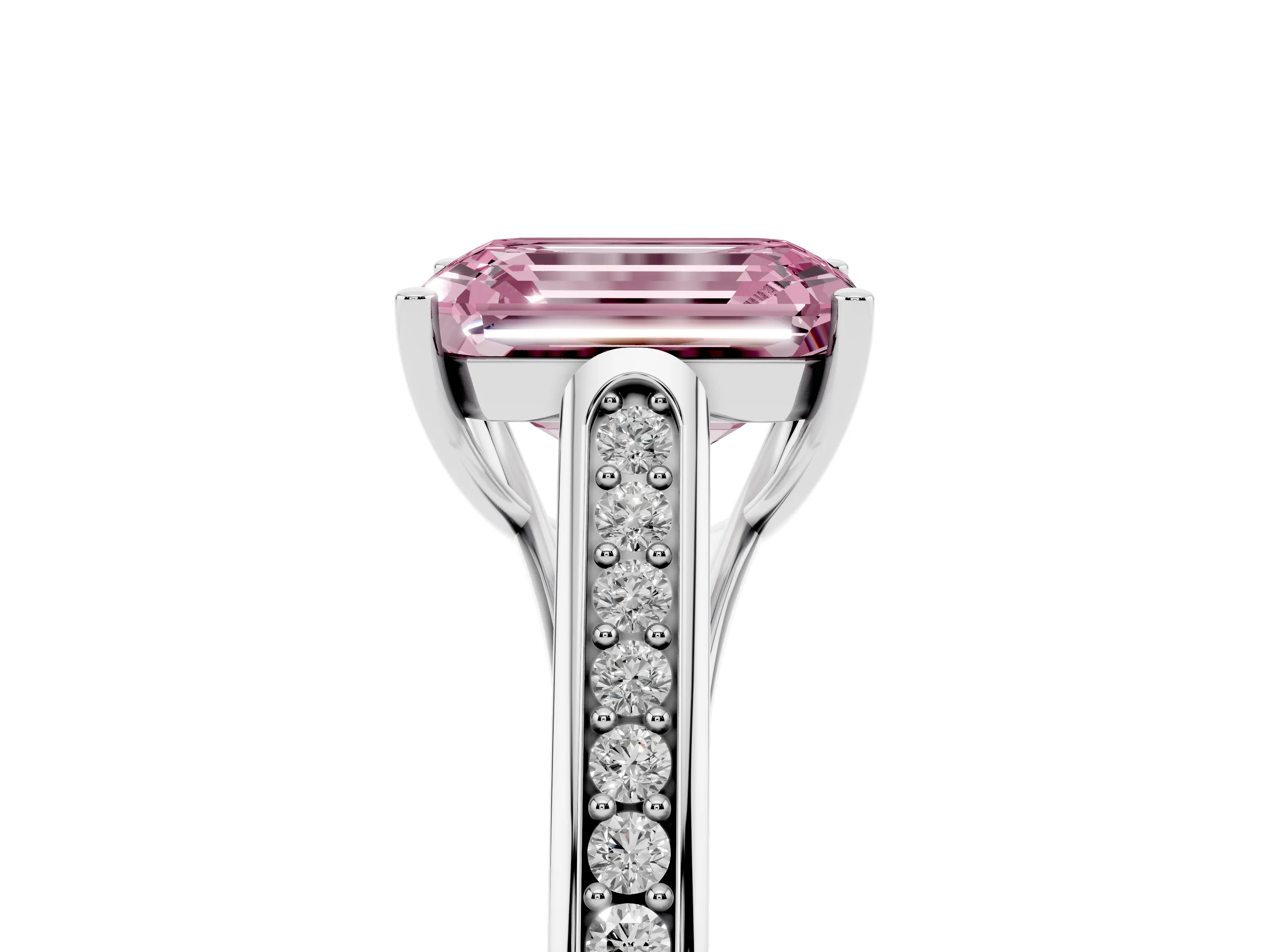 Fancy Pink Emerald Cut Diamond Solitaire Cathedral Engagement Ring Set in White gold with Channel-Set Band and Prong Setting