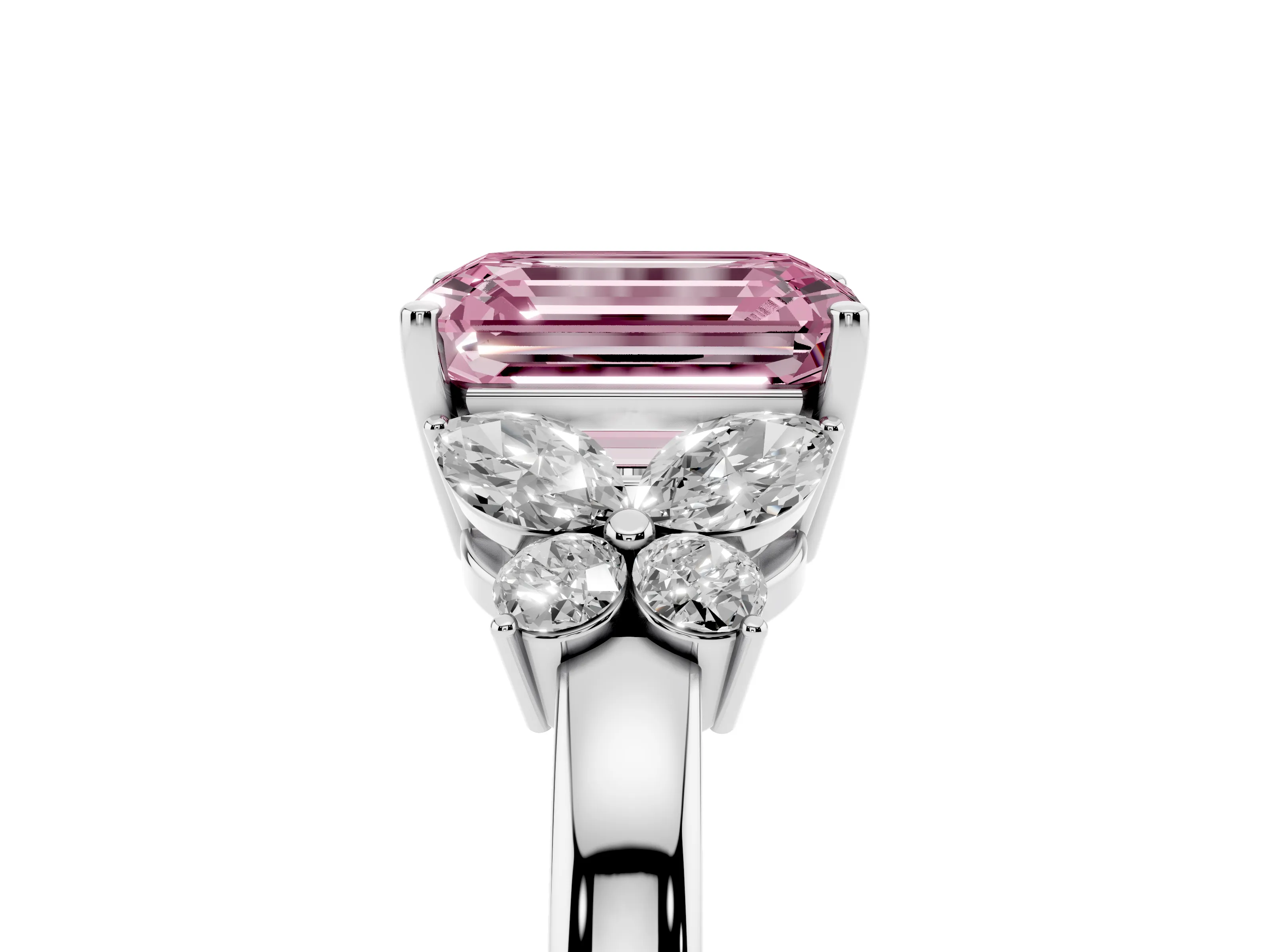 Fancy Pink Emerald Cut Diamond Solitaire Floral Ring Set in Silver with Marquise Petals and Prong Setting