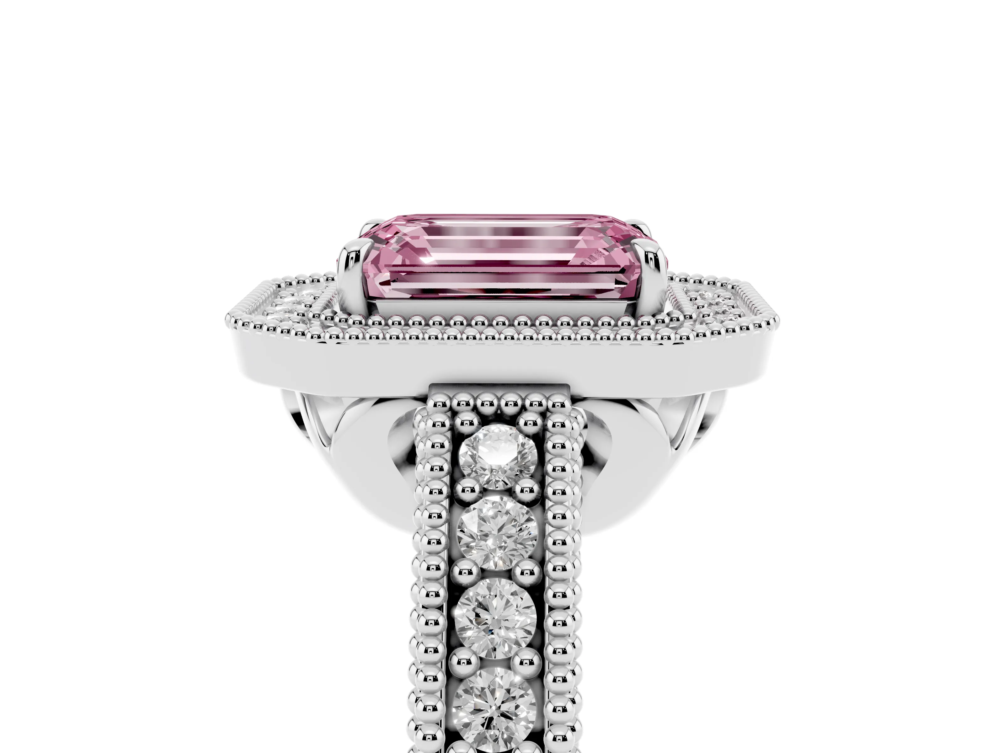 Fancy Pink Emerald Cut Diamond Halo Ring Set in White gold with Round Accent Halo, Pavé Band and Prong Setting