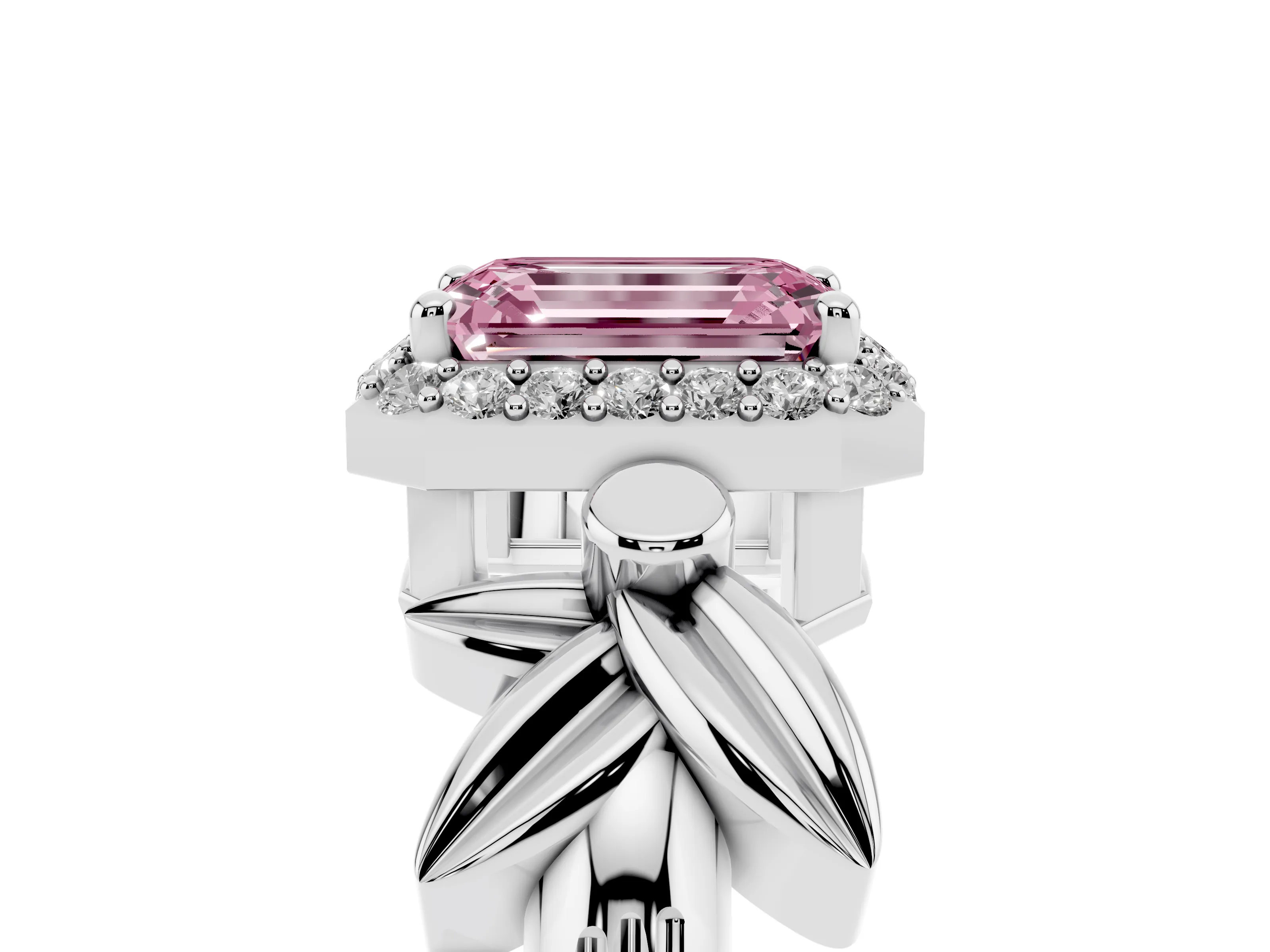 Fancy Pink Emerald Cut Diamond Halo Floral Band Ring Set in White gold with Prong Setting