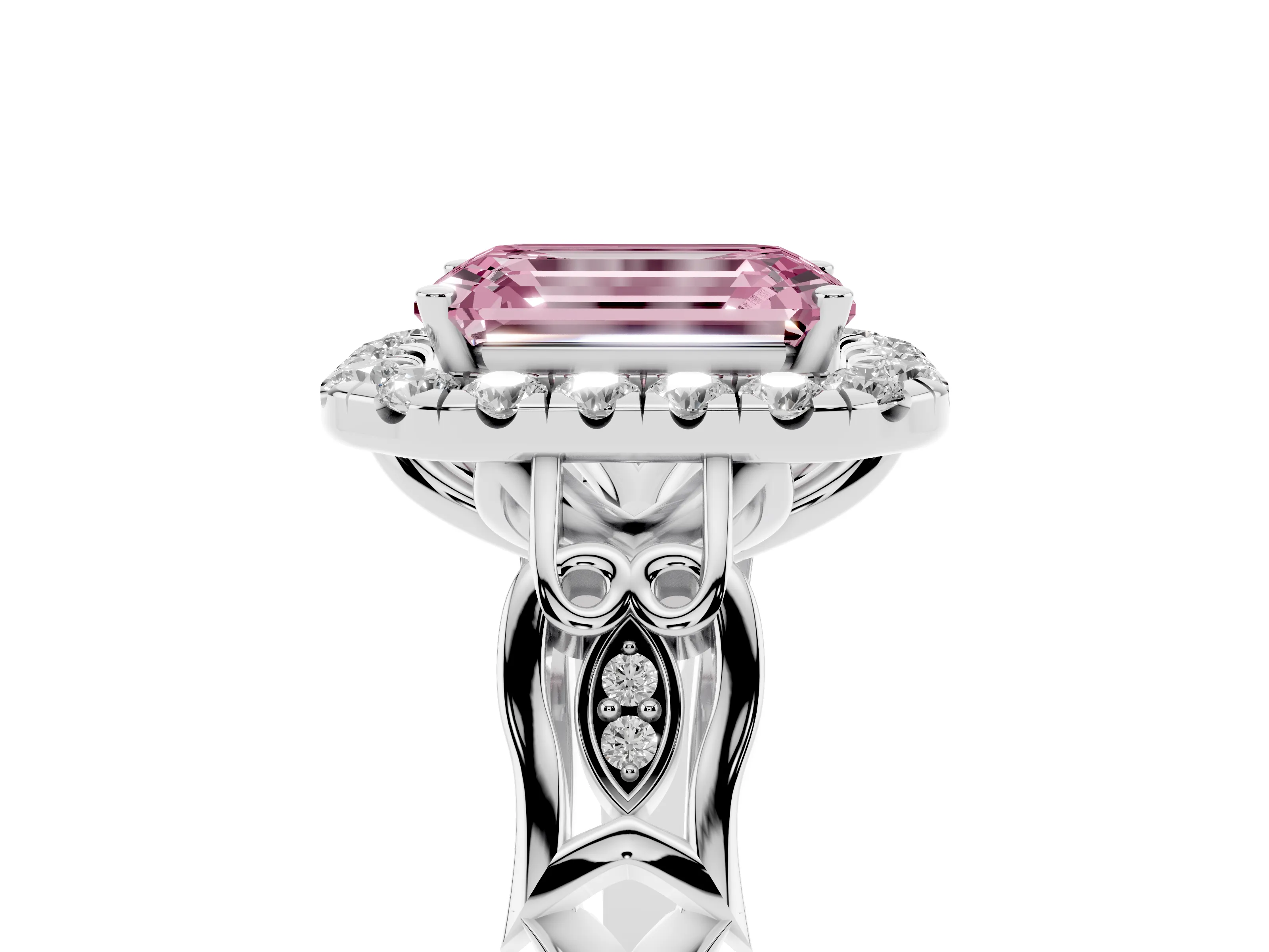Fancy Pink Emerald Cut Diamond Halo Engagement Ring Set in Platinum with Filigree Band and Prong-Set Center