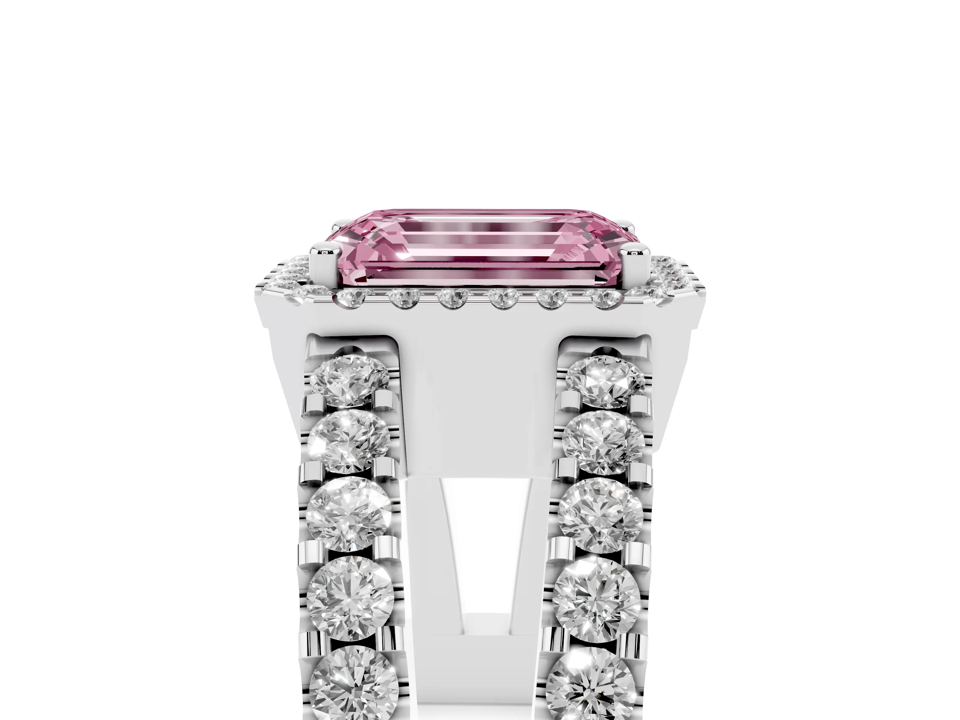Fancy Pink Emerald Cut Diamond Halo Ring Set in Platinum with Pavé Split Shank and Prong Setting