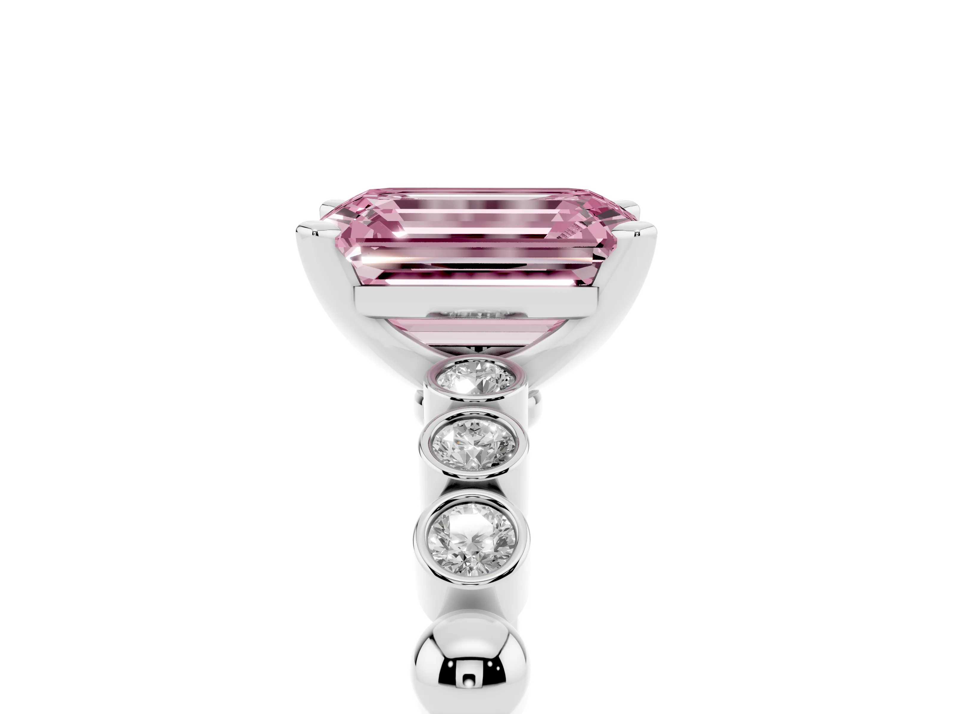 Fancy Pink Emerald Cut Diamond Solitaire Engagement Ring Set in Silver with Bezel Accents on Beaded Band