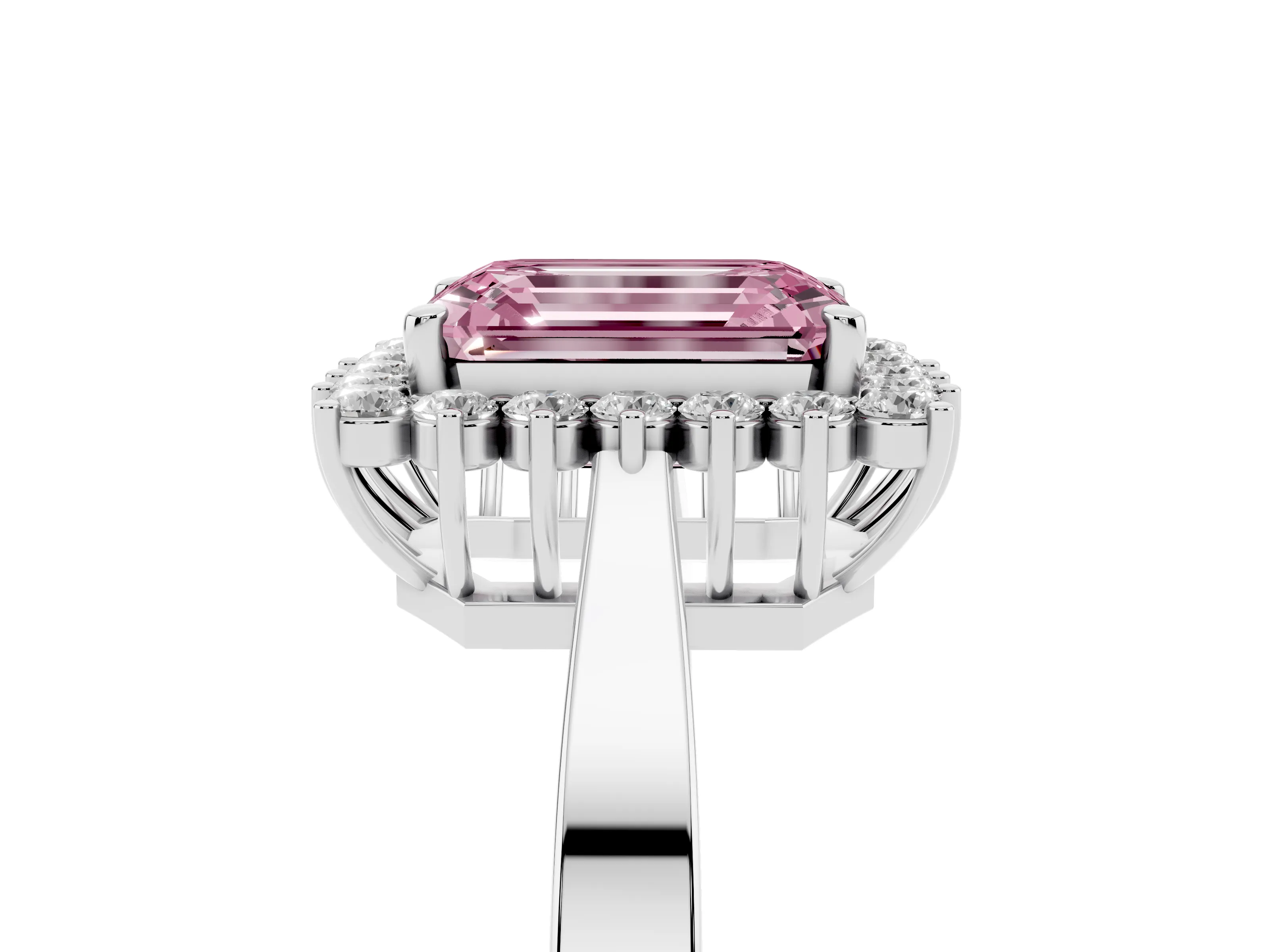 Fancy Pink Emerald Cut Diamond Halo Ring Set in Platinum with Round Halo and Smooth Solitaire Band