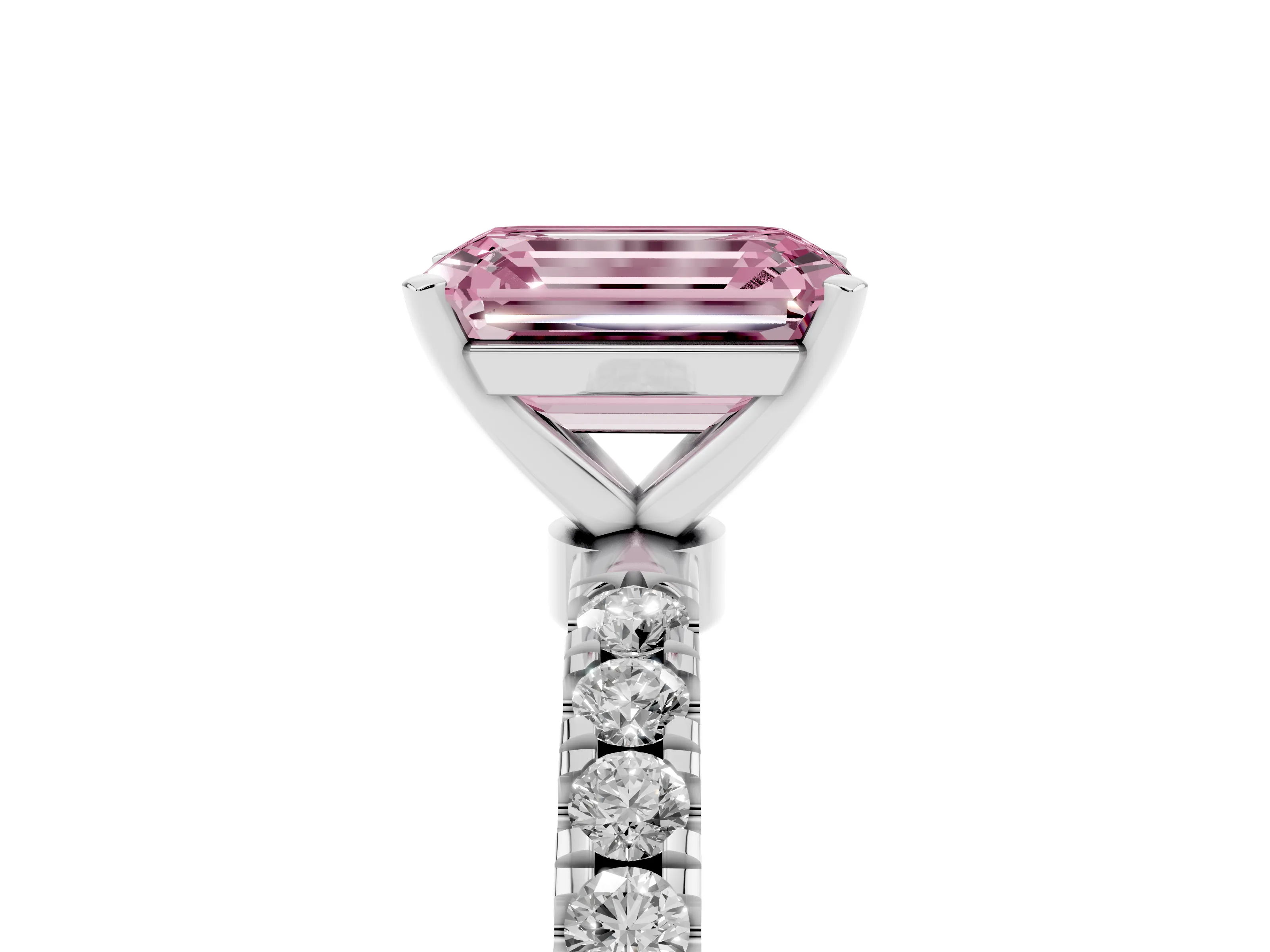 Fancy Pink Emerald Cut Diamond Solitaire Ring Set in Silver with Pavé Accents and Prong Setting