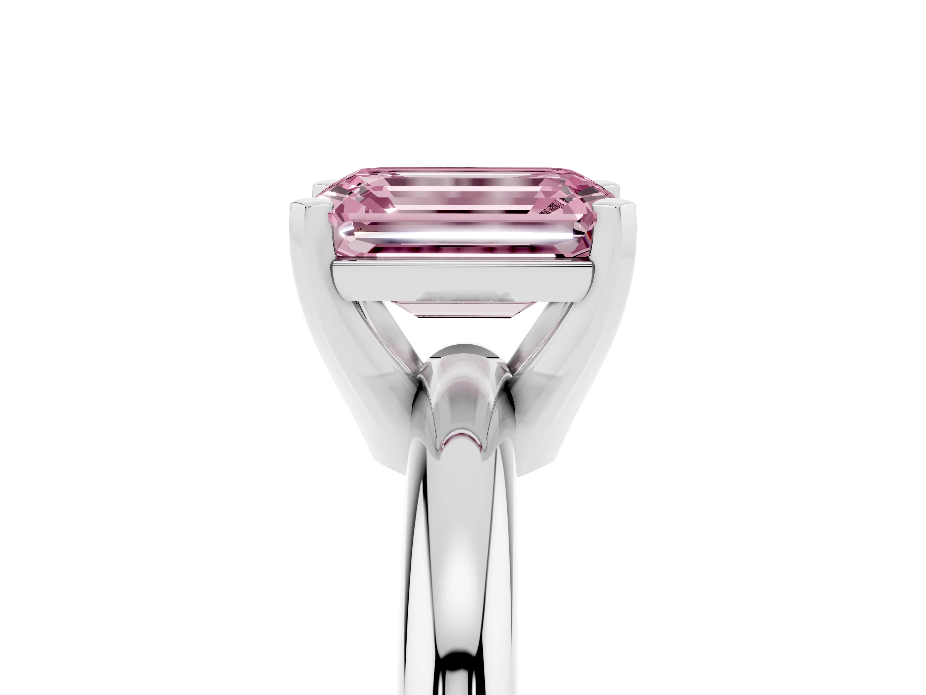 Fancy Pink Emerald Cut Diamond Solitaire Engagement Ring Set in Platinum with Round Band and Prong Setting