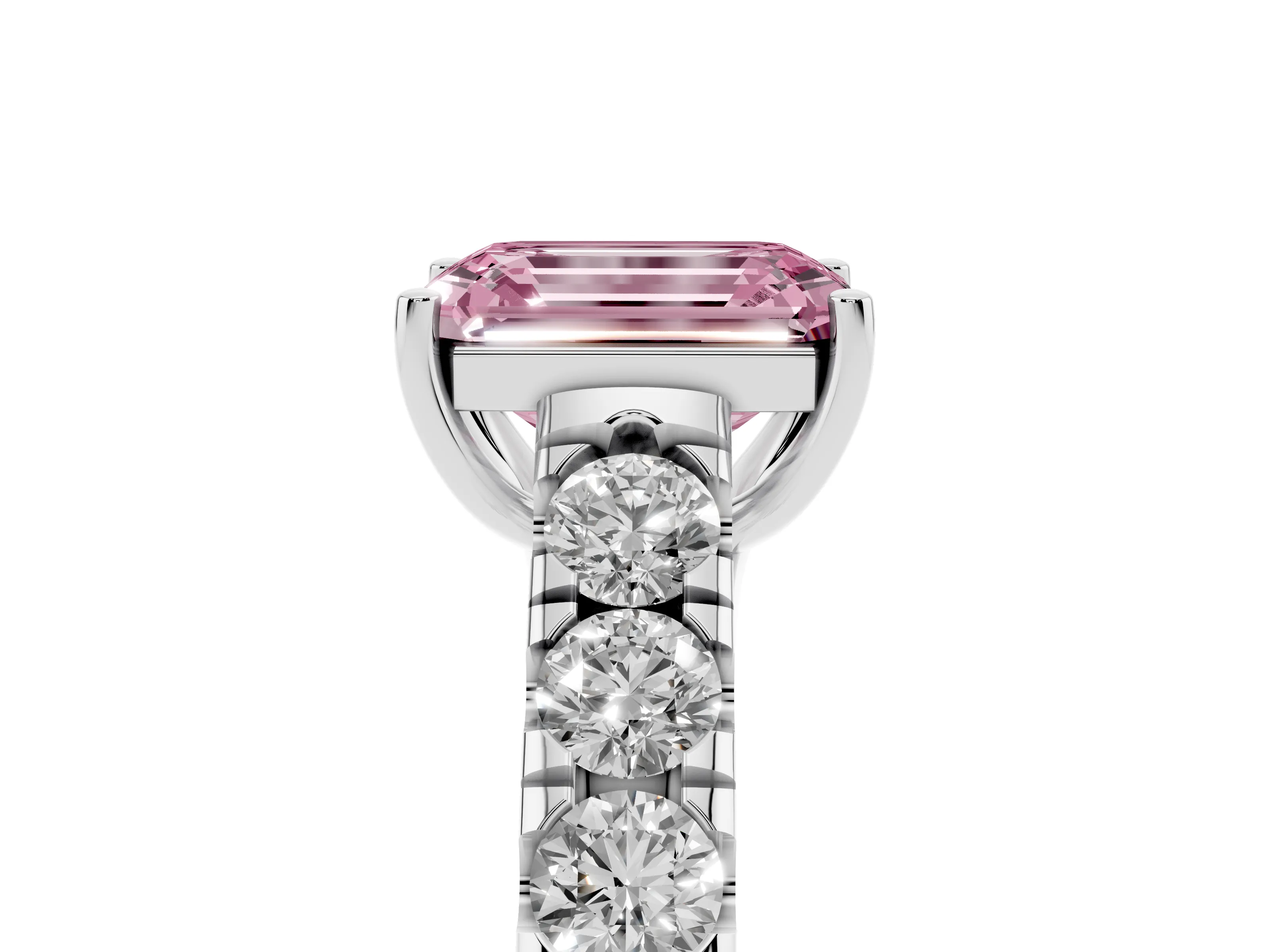 Fancy Pink Emerald Cut Diamond Solitaire Ring Set in Platinum with Cut-Down Micro Pavé Band and Prong Setting