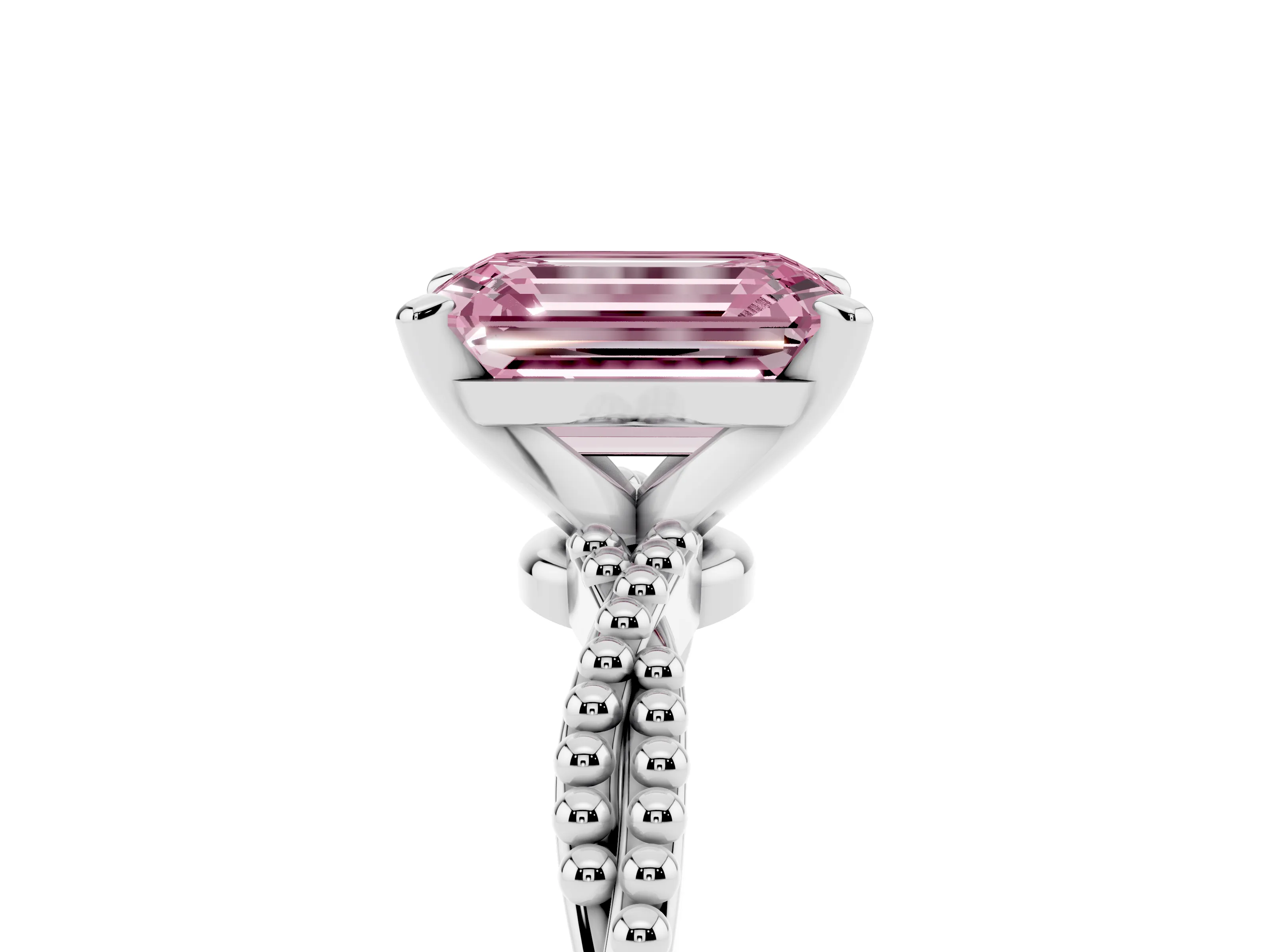 Fancy Pink Emerald Cut Diamond Solitaire Ring Set in Platinum with Twisted Band and Bead Prong Setting
