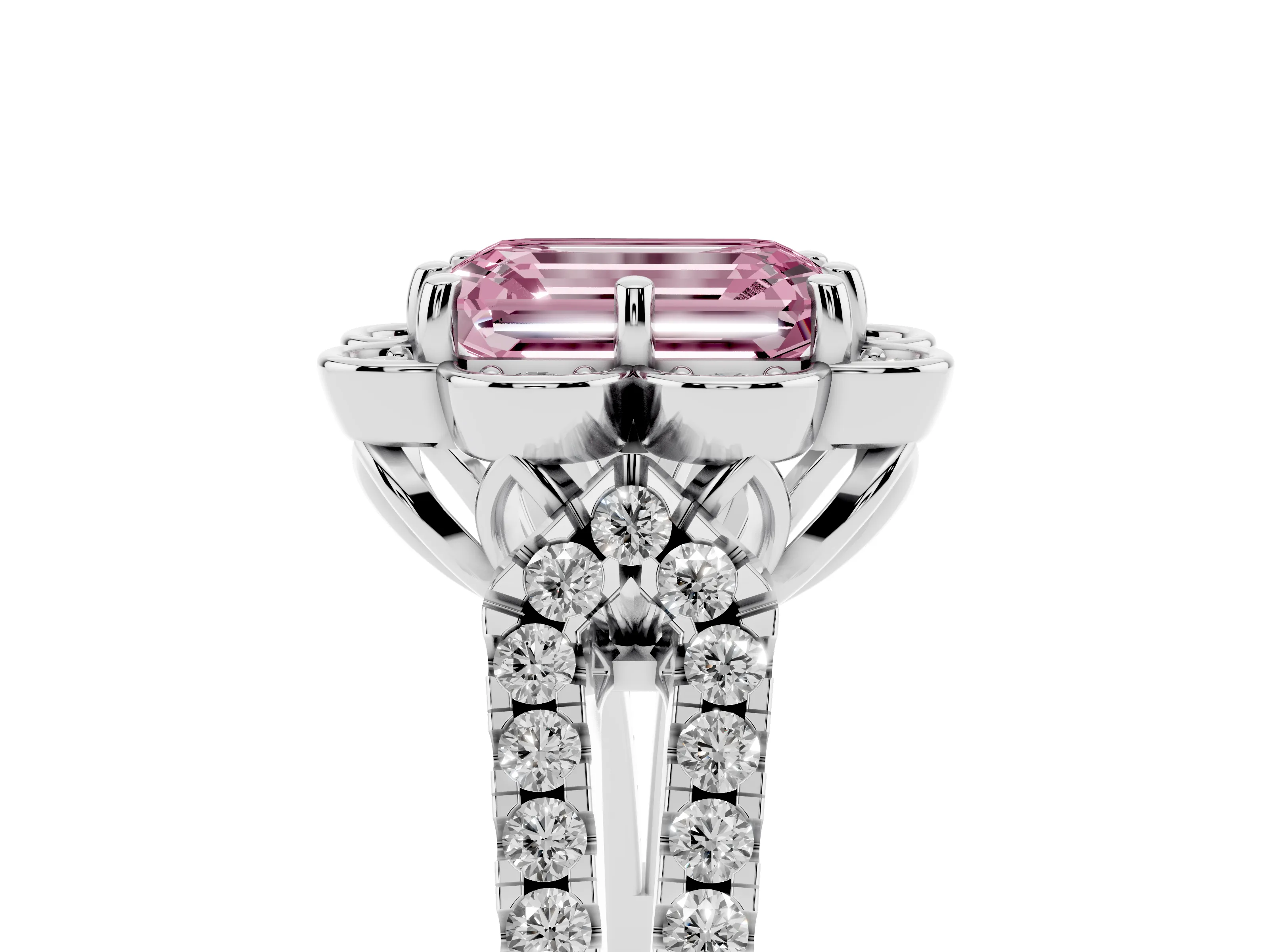 Fancy Pink Emerald Cut Diamond Floral Halo Split Shank Engagement Ring Set in White gold with Pavé Shank