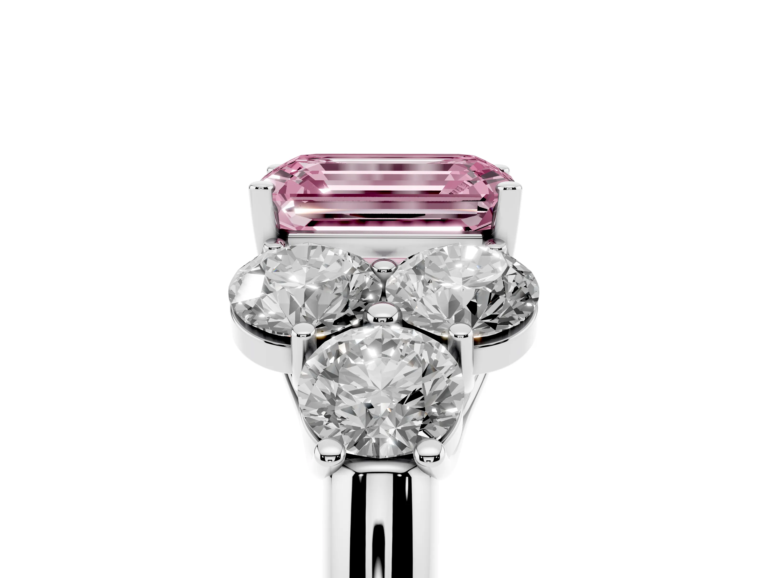 Fancy Pink Emerald Cut Diamond Cluster Ring Set in Silver with Round Accent Stones and Prong Setting on a Plain Band