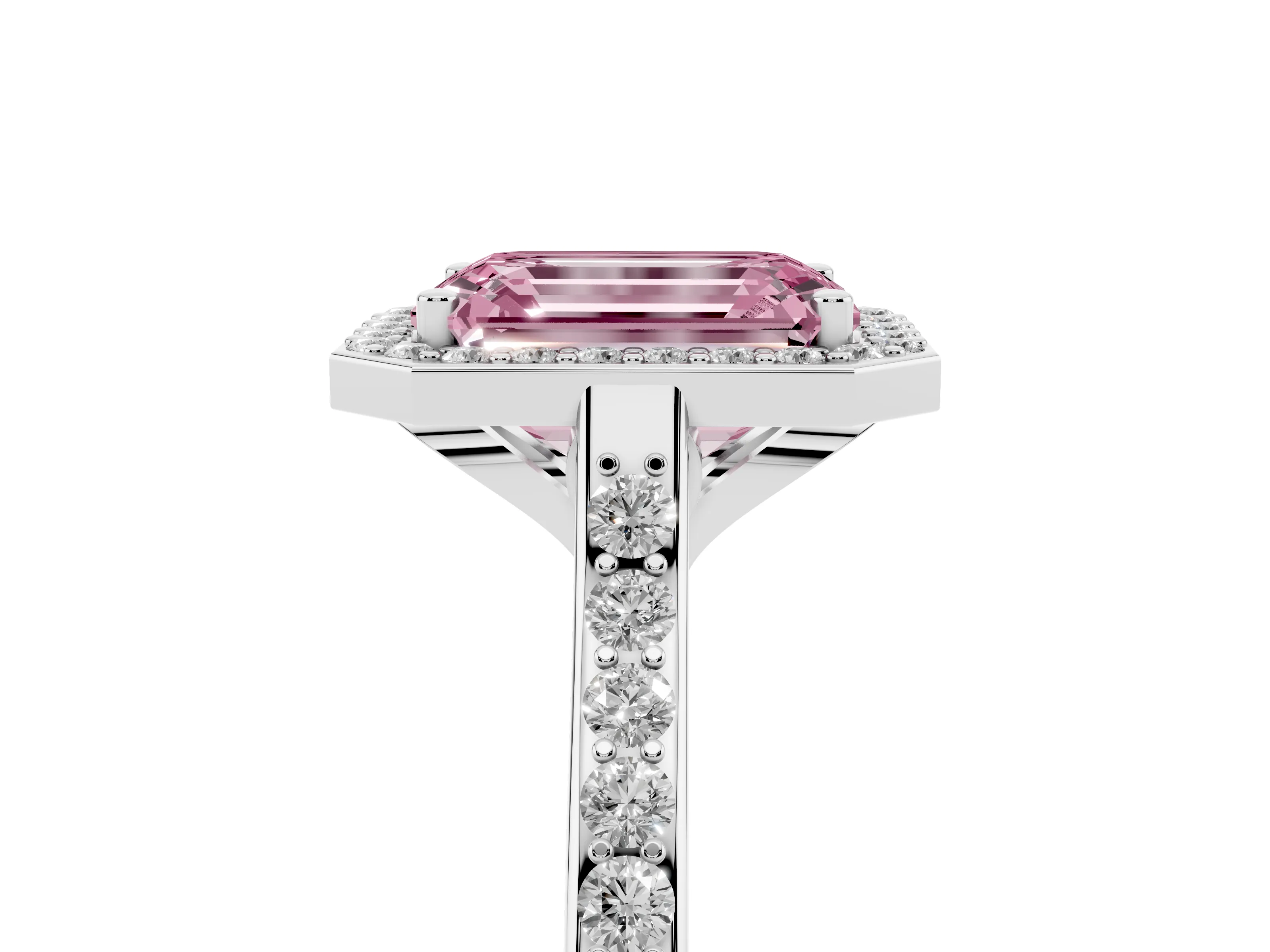 Fancy Pink Emerald Cut Diamond Halo Engagement Ring Set in White gold with Round Pavé Shoulders and Heart Gallery