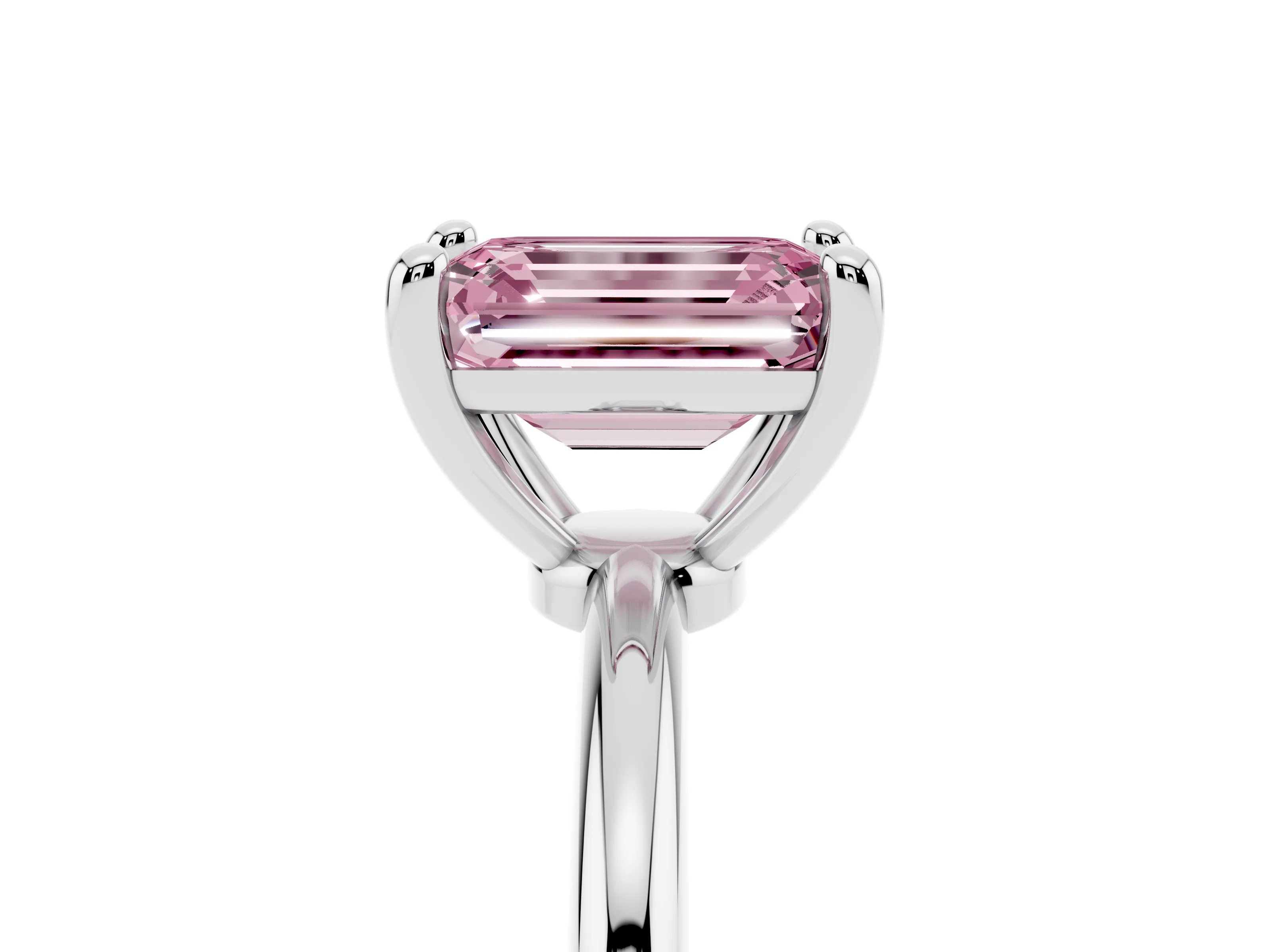 Fancy Pink Emerald Cut Diamond Solitaire Ring Set in White gold with Secure Prong Setting on a Classic Band