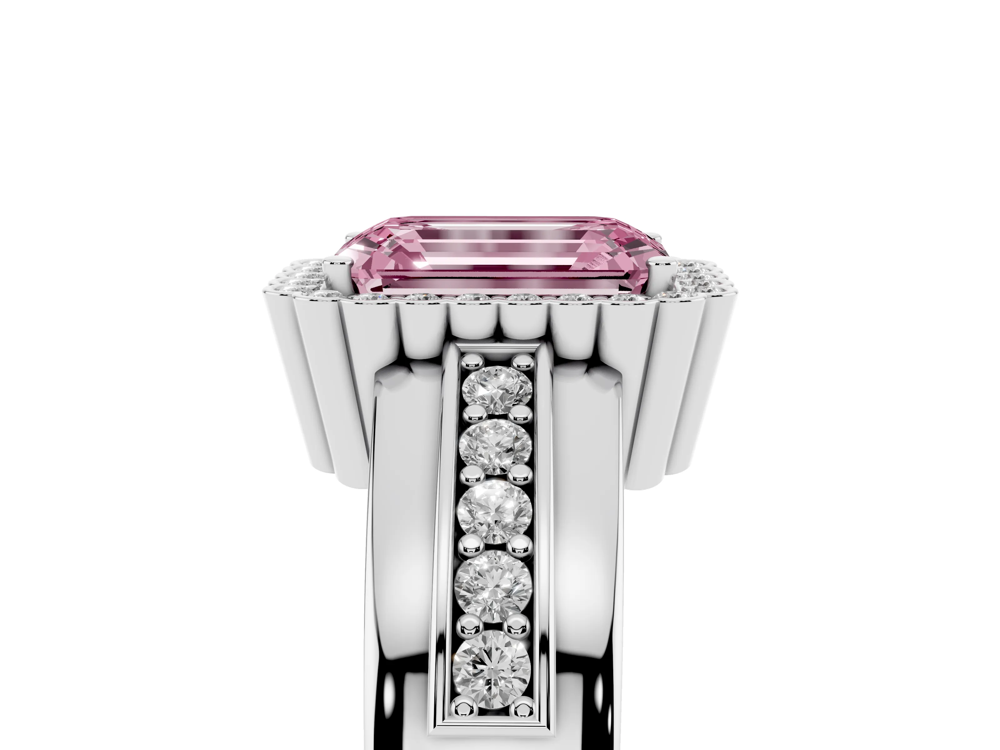 Fancy Pink Emerald Cut Diamond Halo Prong Ring Set in Silver with Pavé Band