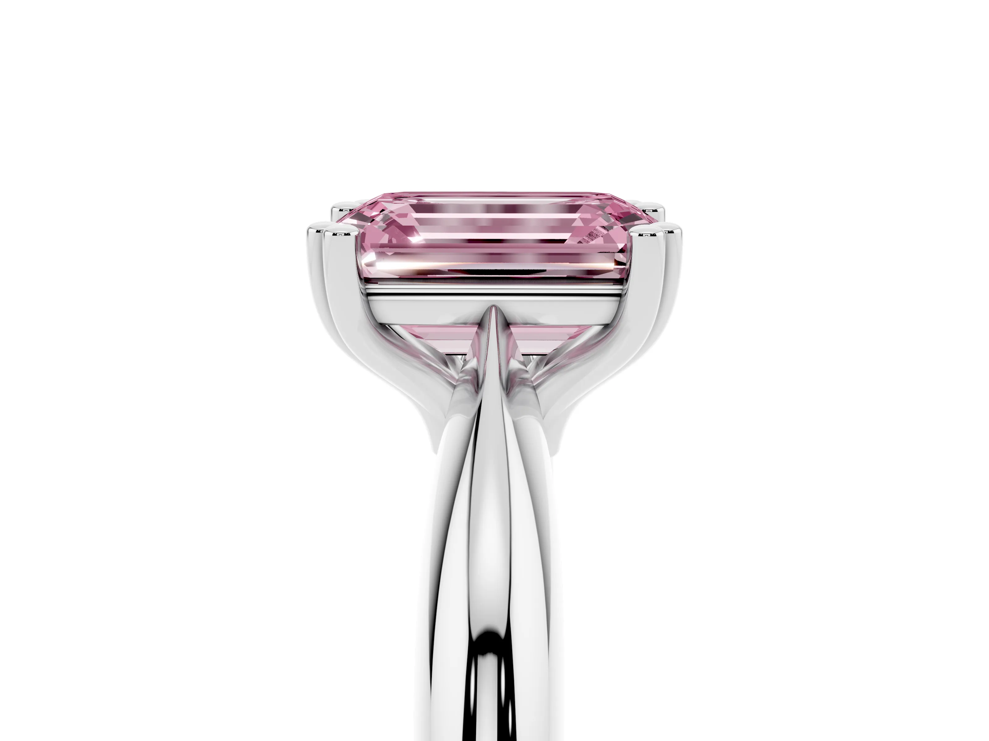 Fancy Pink Emerald Cut Diamond Solitaire Engagement Ring Set in Silver with Tapered Band and Prong Setting