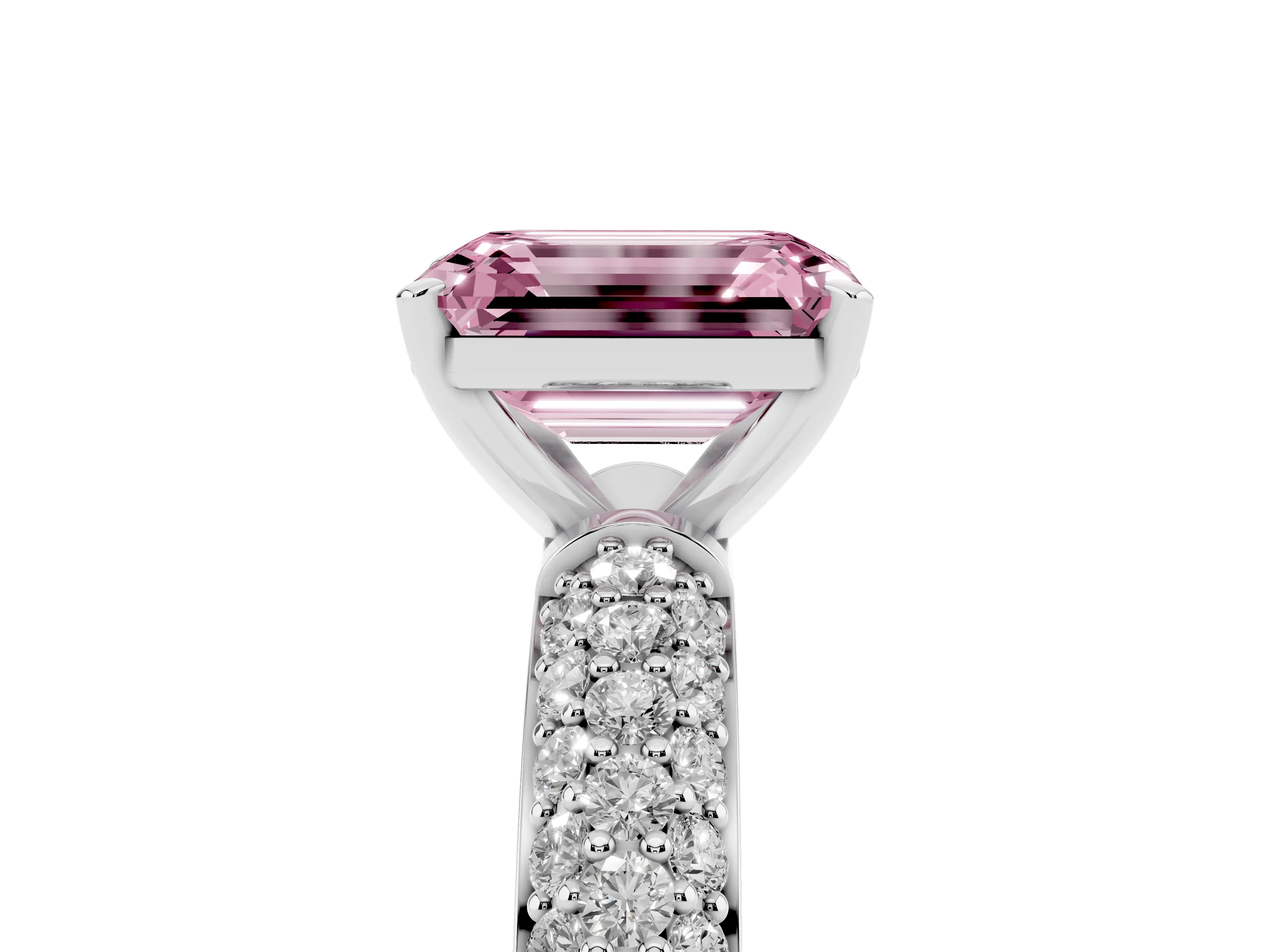 Fancy Pink Emerald Cut Diamond Solitaire Ring Set in Platinum with Prong Setting and Pavé-Set Band