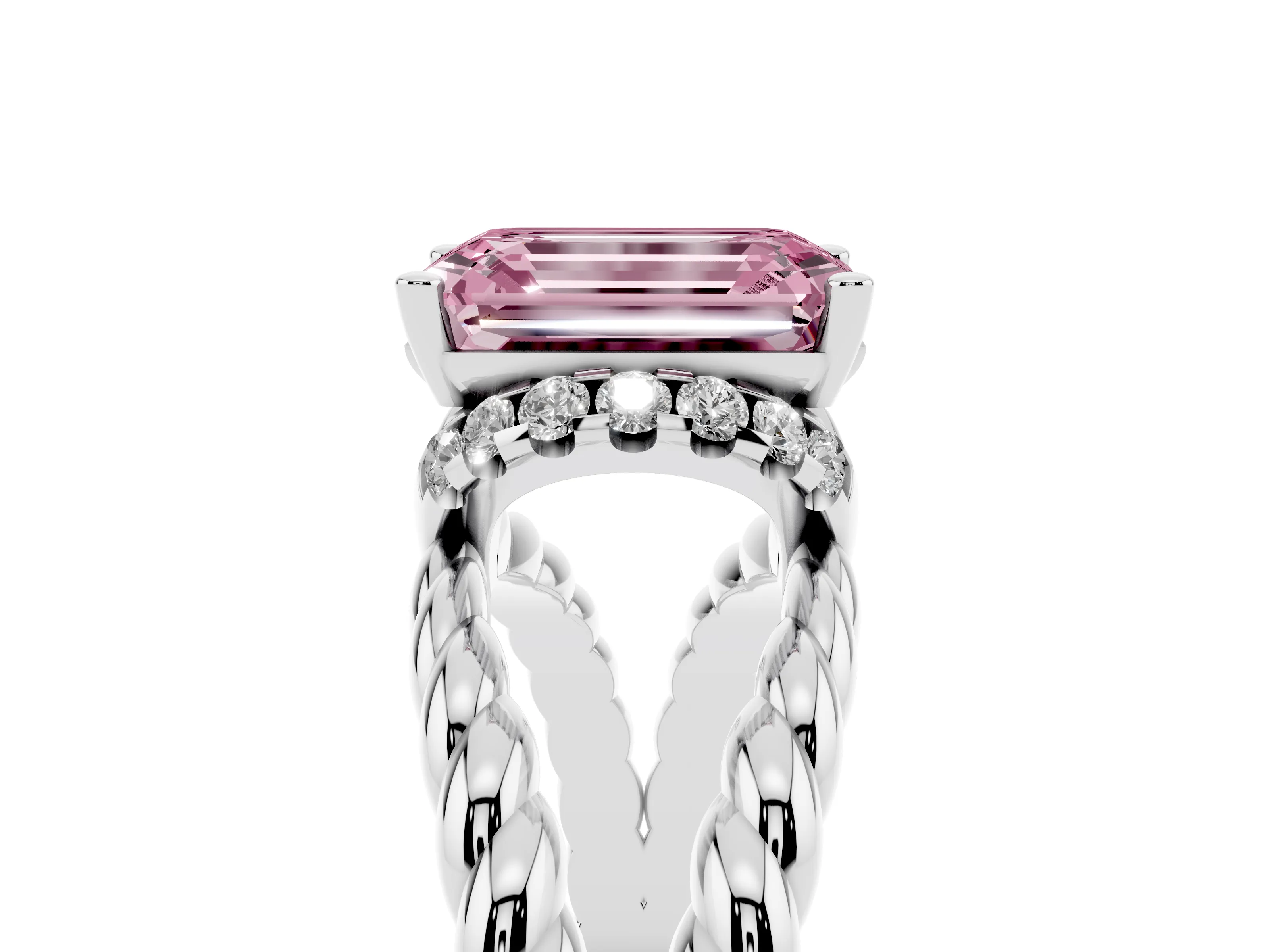Fancy Pink Emerald Cut Diamond Halo Ring Set in White gold with Twisted Band and Prong Setting