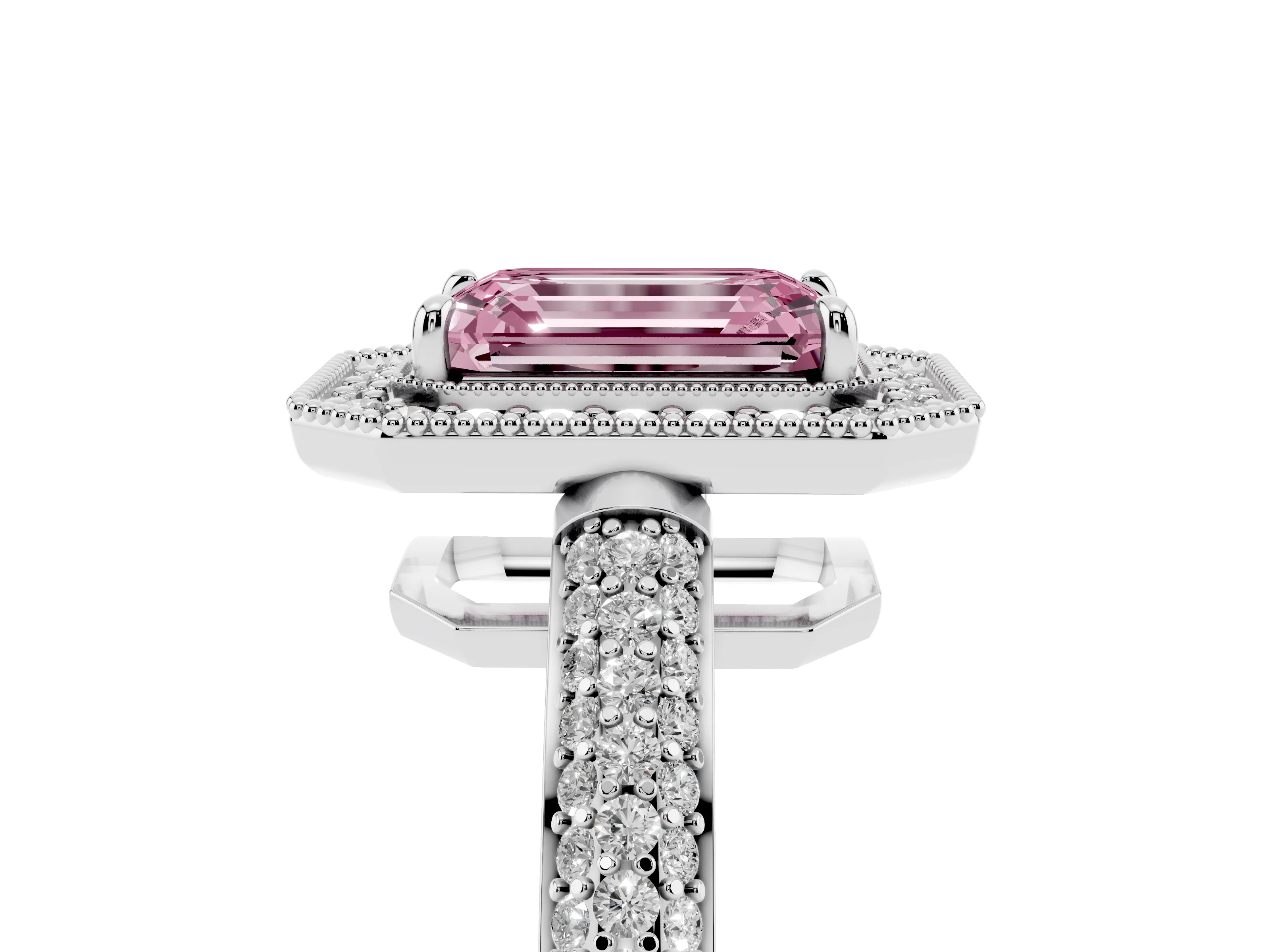 Fancy Pink Emerald Cut Diamond Halo Pavé Band Set in Silver with Prong Setting