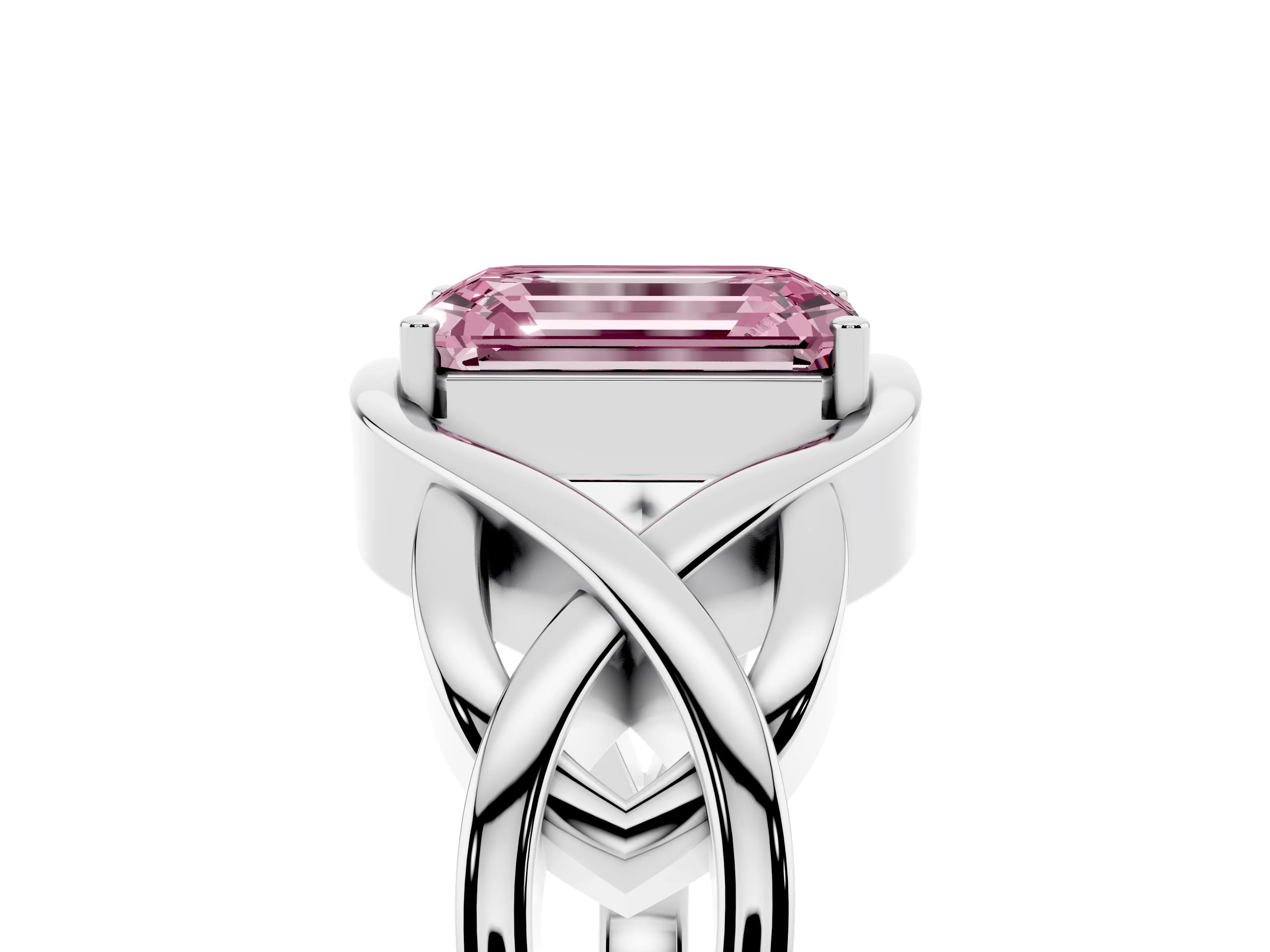 Fancy Pink Emerald Cut Diamond Solitaire Ring Set in Platinum with Intertwined Band
