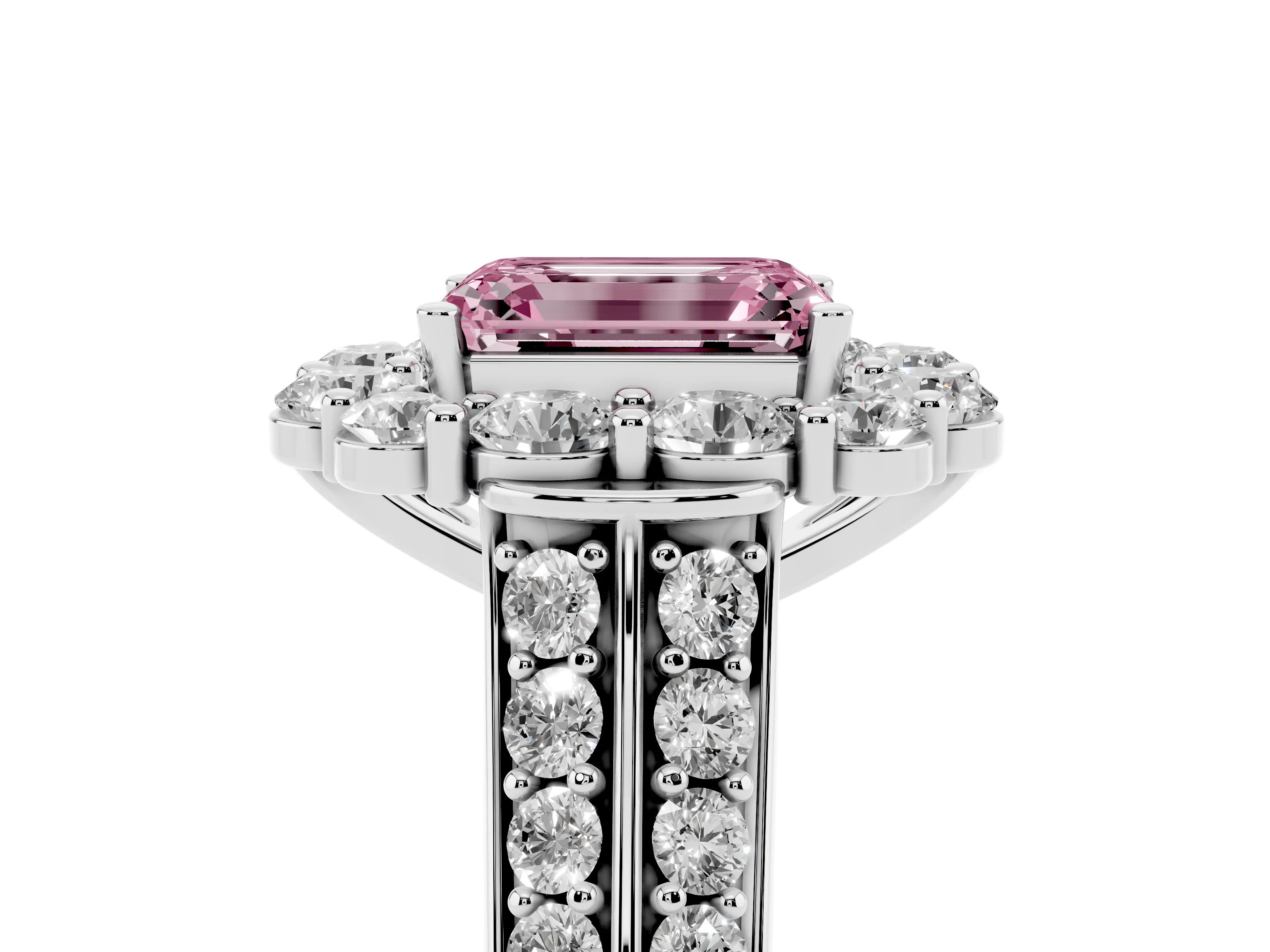 Fancy Pink Emerald Cut Diamond Halo Engagement Ring Set in Platinum with Split Shank and Prong Setting