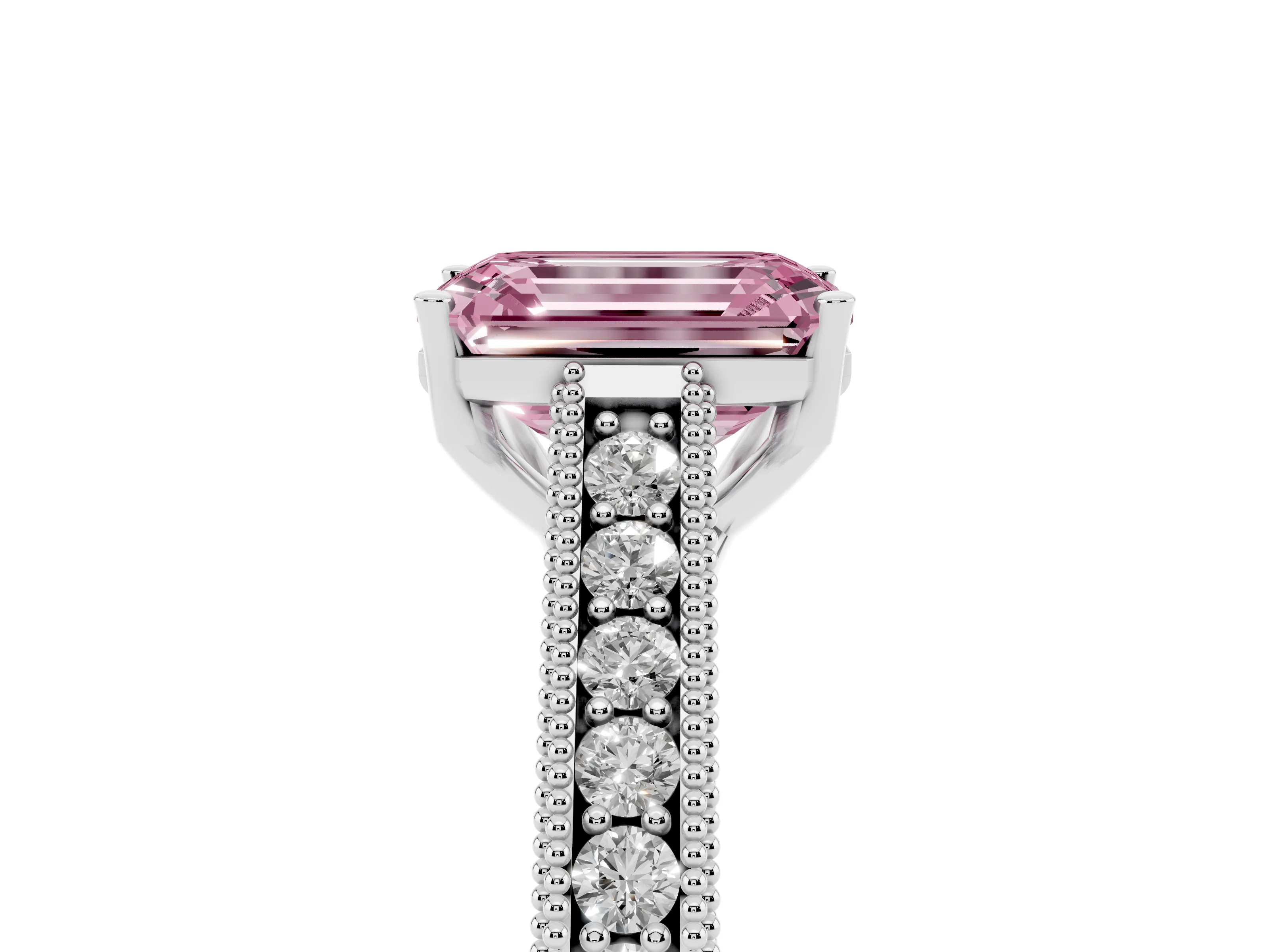 Fancy Pink Emerald Cut Diamond Milgrain Pavé Band Solitaire Ring Set in White gold with Prong Setting