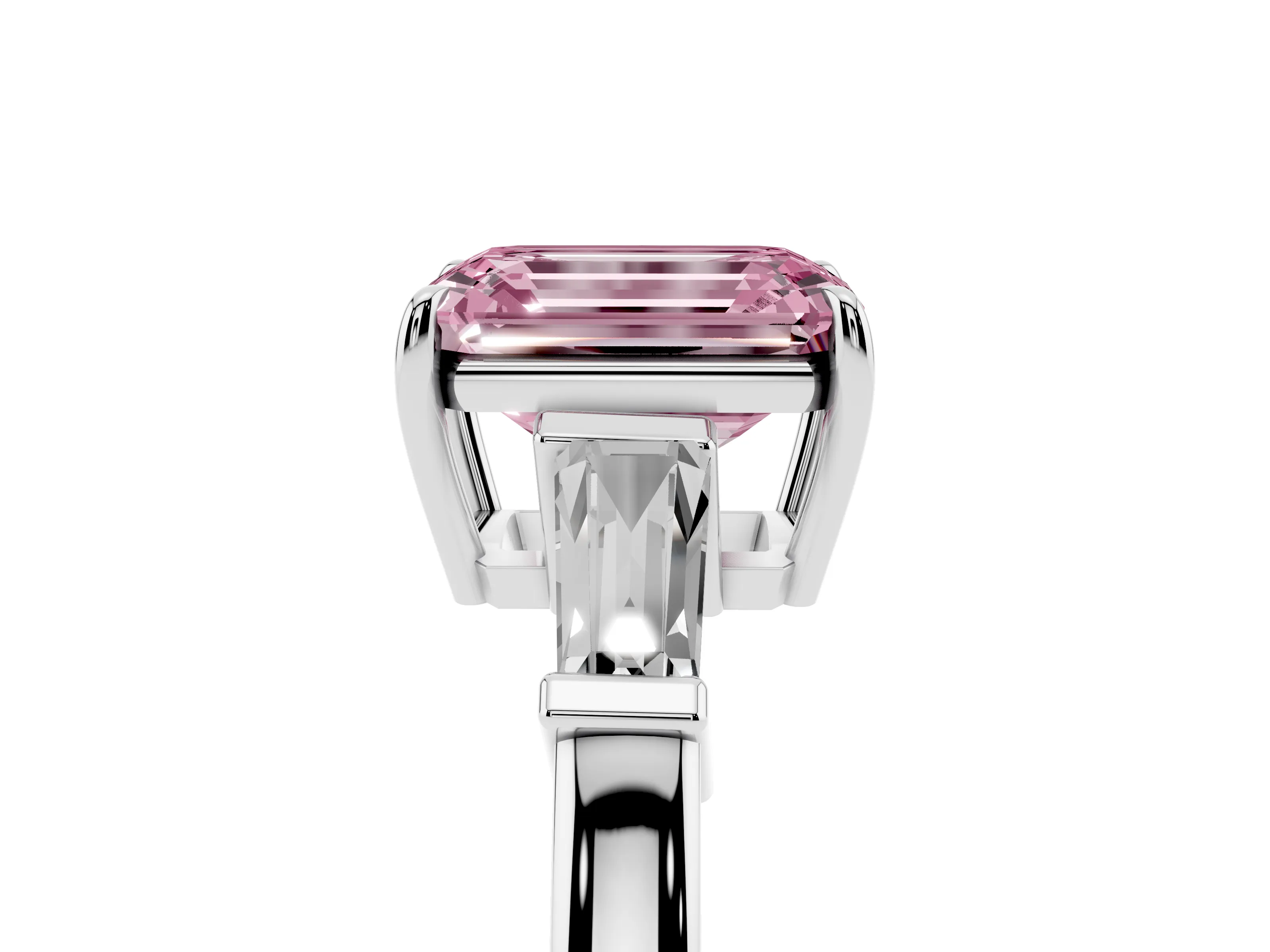Fancy Pink Emerald Cut Diamond Three-Stone Ring Set in Platinum with Tapered Baguette Side Stones and Prong Setting