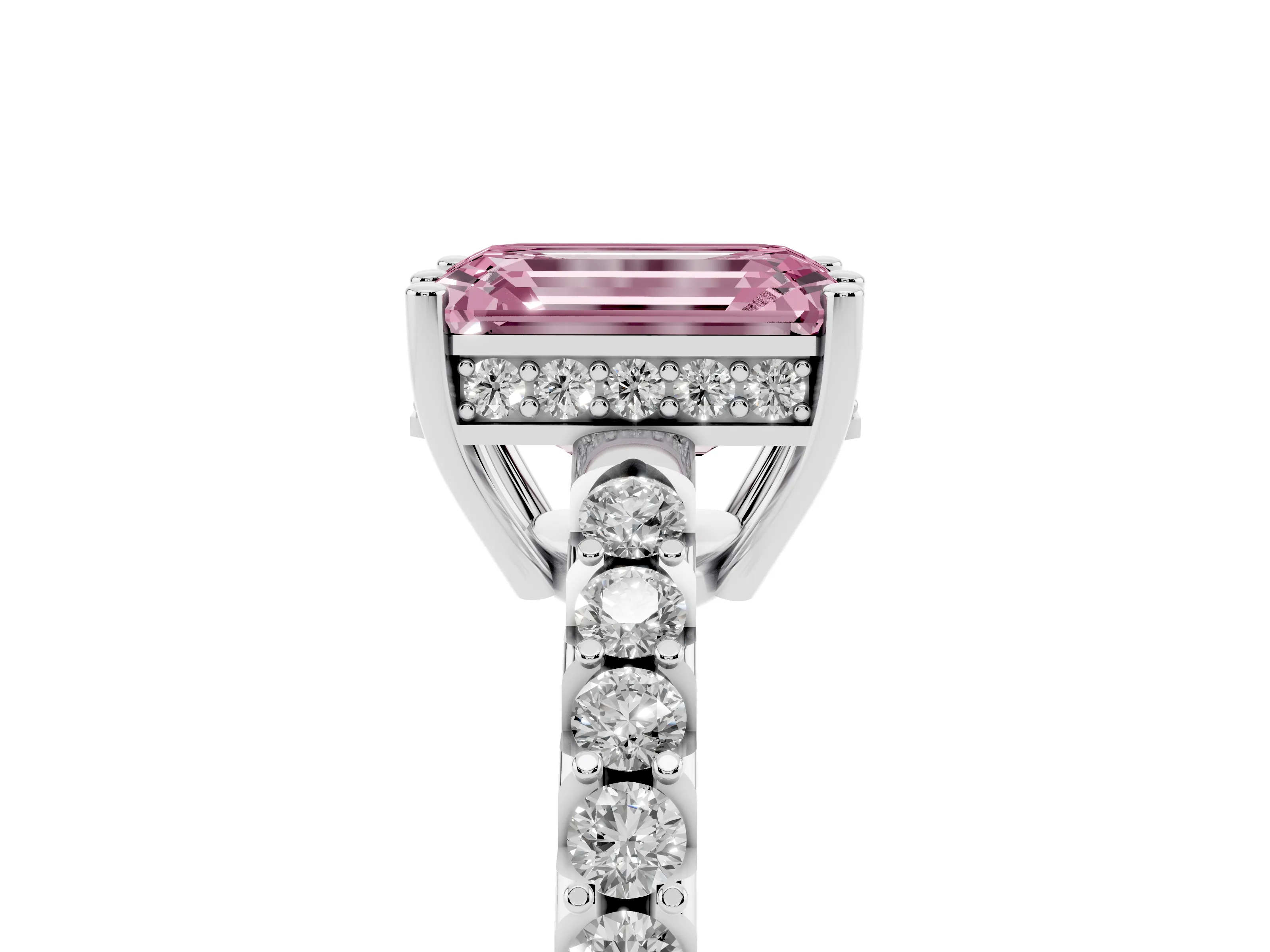 Fancy Pink Emerald Cut Diamond Solitaire Engagement Ring Set in Silver with Pavé Band and Prong Setting
