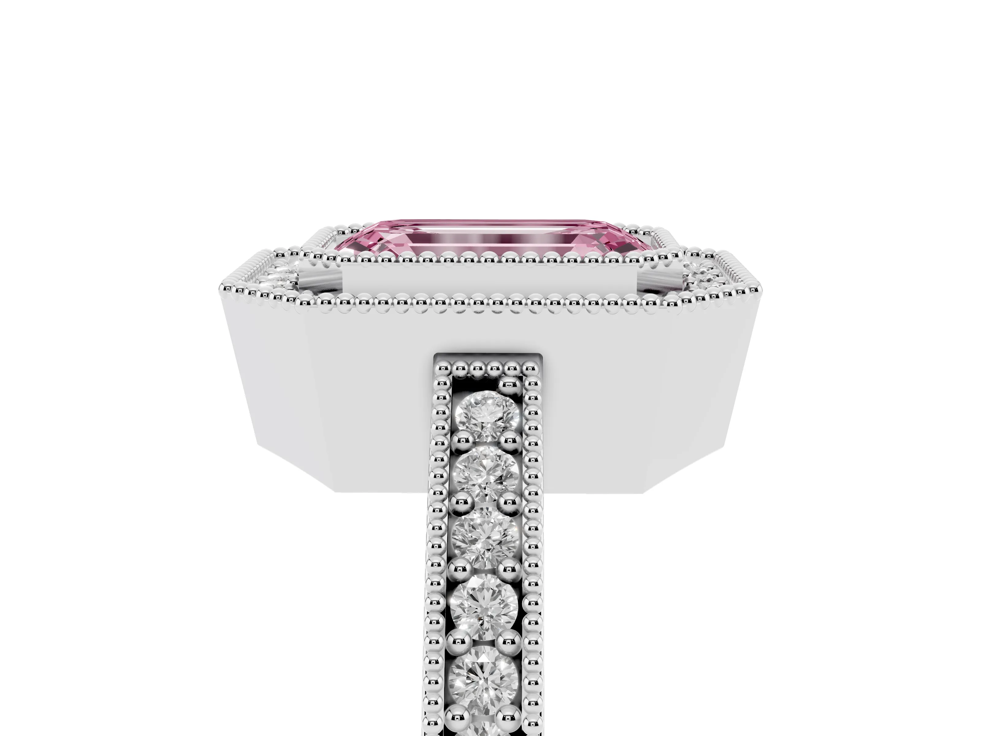 Fancy Pink Emerald Cut Diamond Halo Engagement Ring Set in White gold with Pavé Band and Round Halo Stones