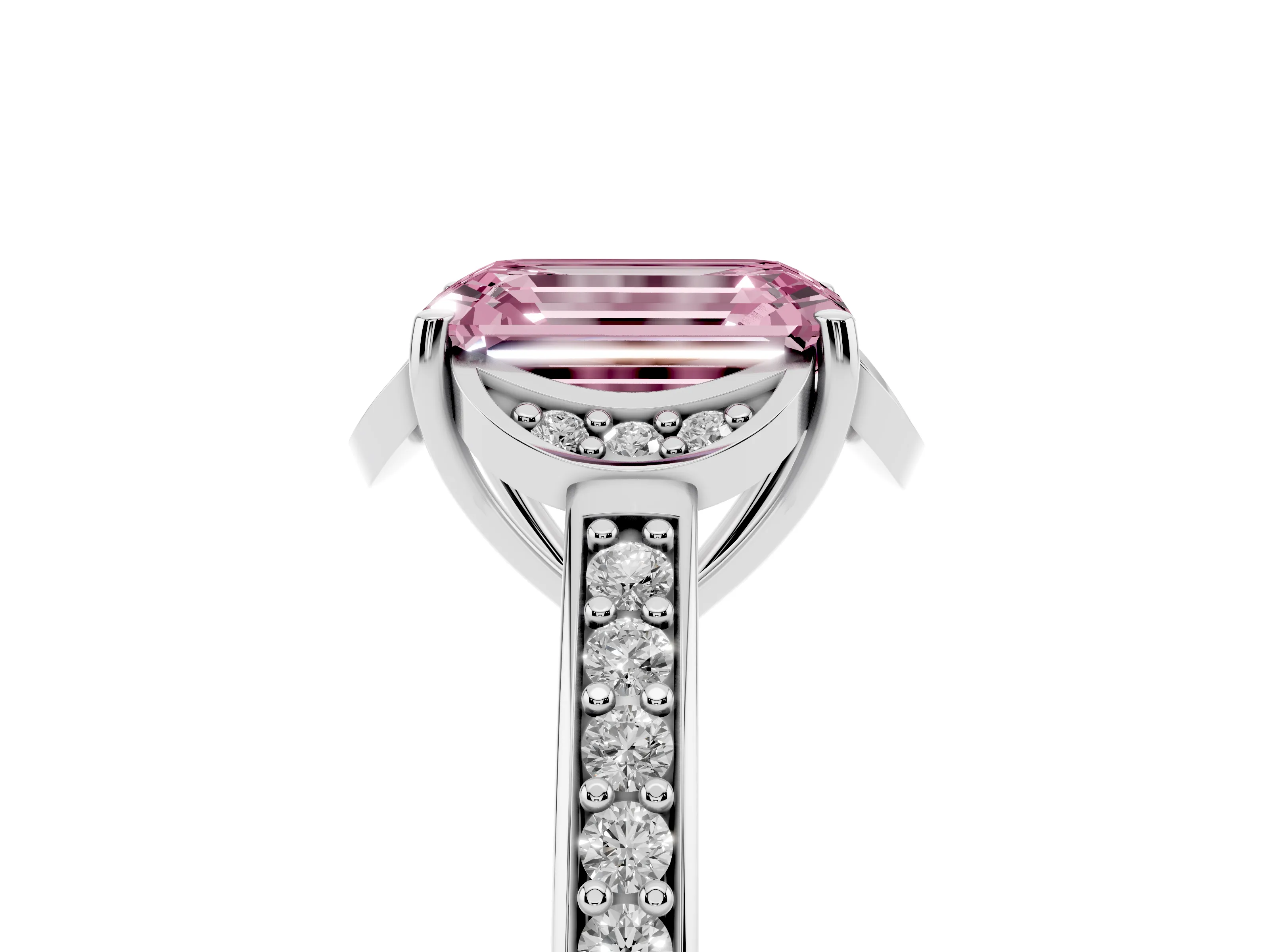 Fancy Pink Emerald Cut Diamond Halo Ring Set in Silver with Channel Set Band and Prong Setting