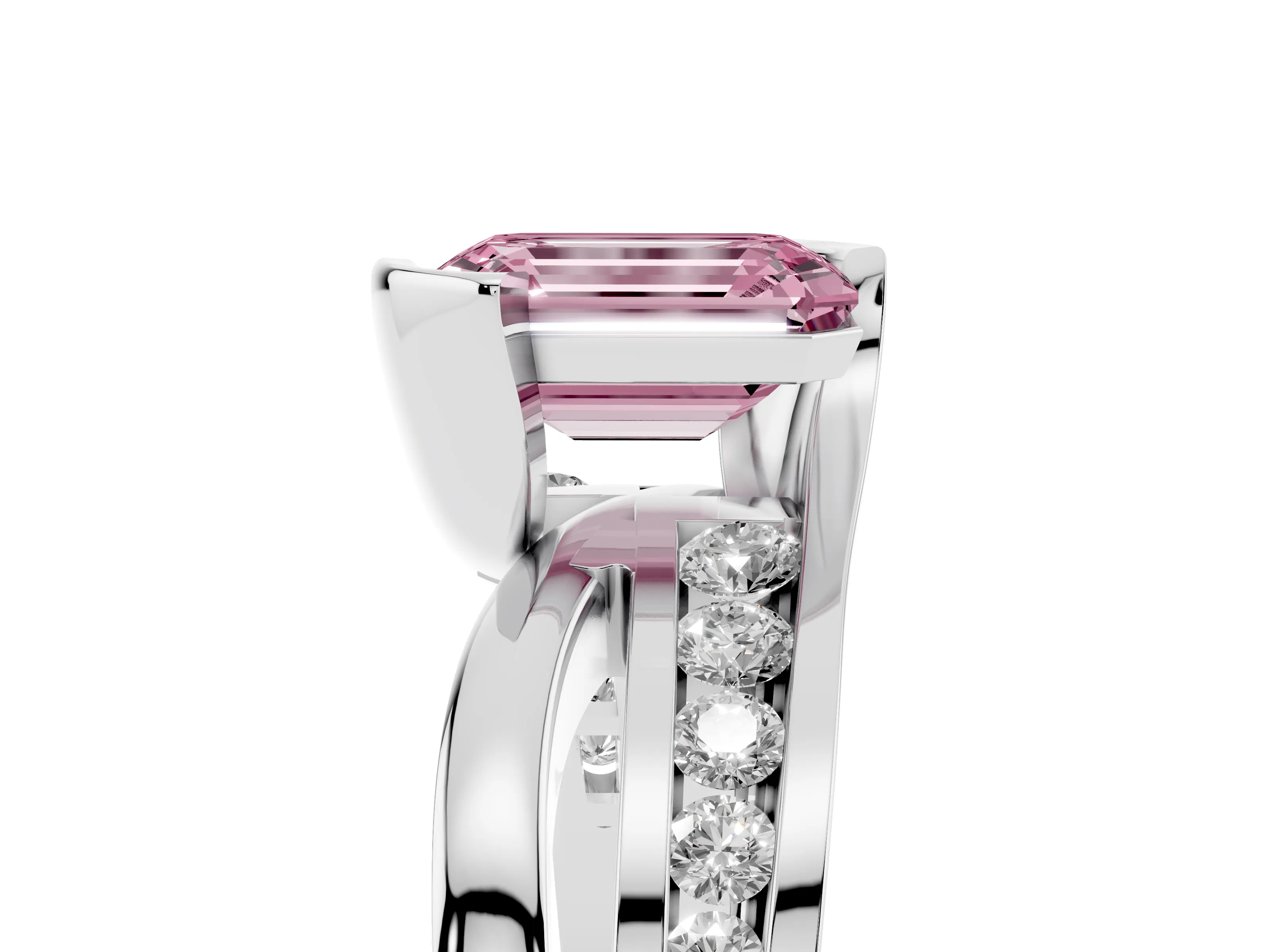 Fancy Pink Emerald Cut Diamond Solitaire Ring Set in Silver with Channel Set Split Shank and Tension Prongs