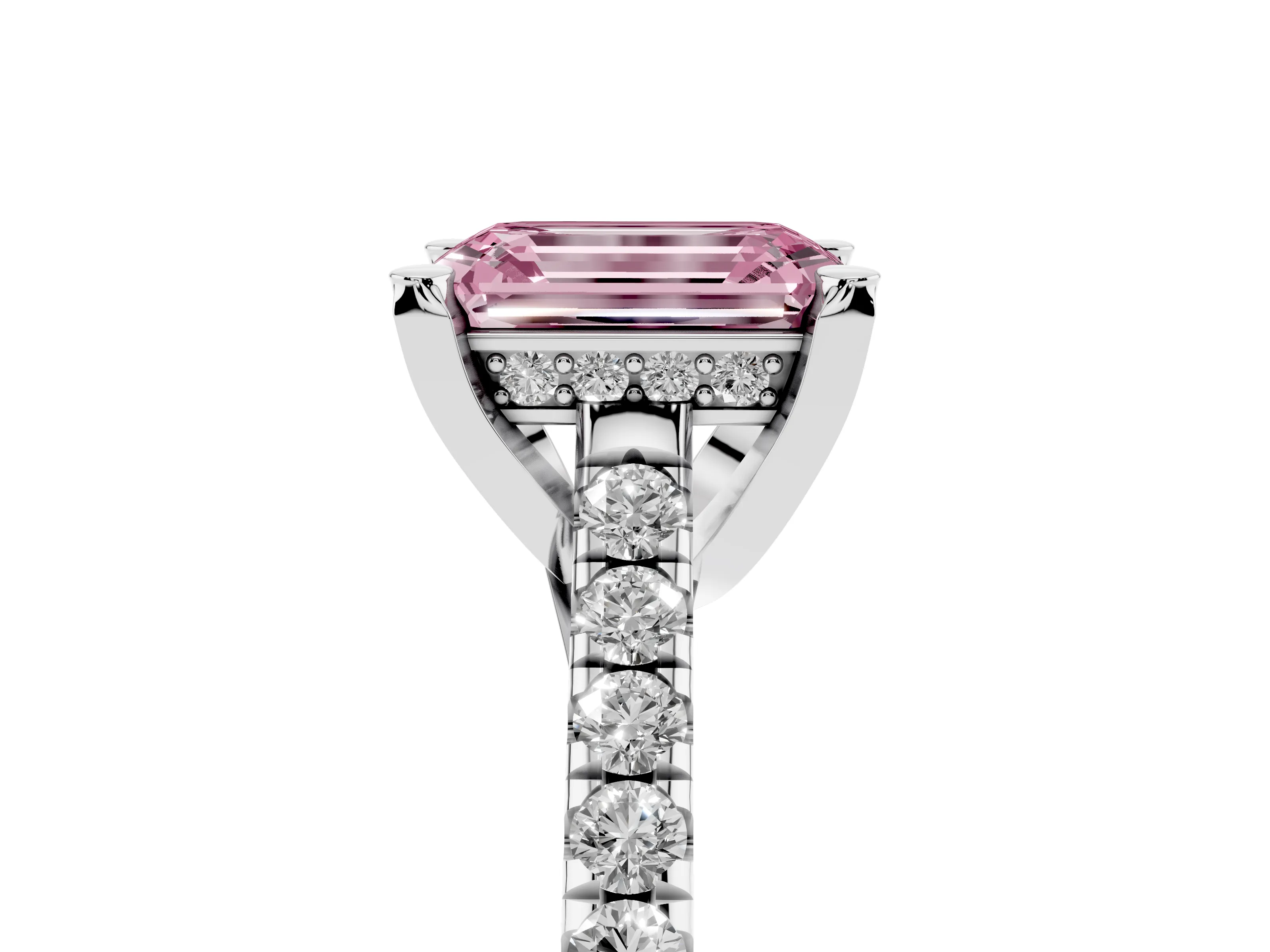 Fancy Pink Emerald Cut Diamond Solitaire Ring Set in Platinum with Brilliant Pavé Band and Prong Setting