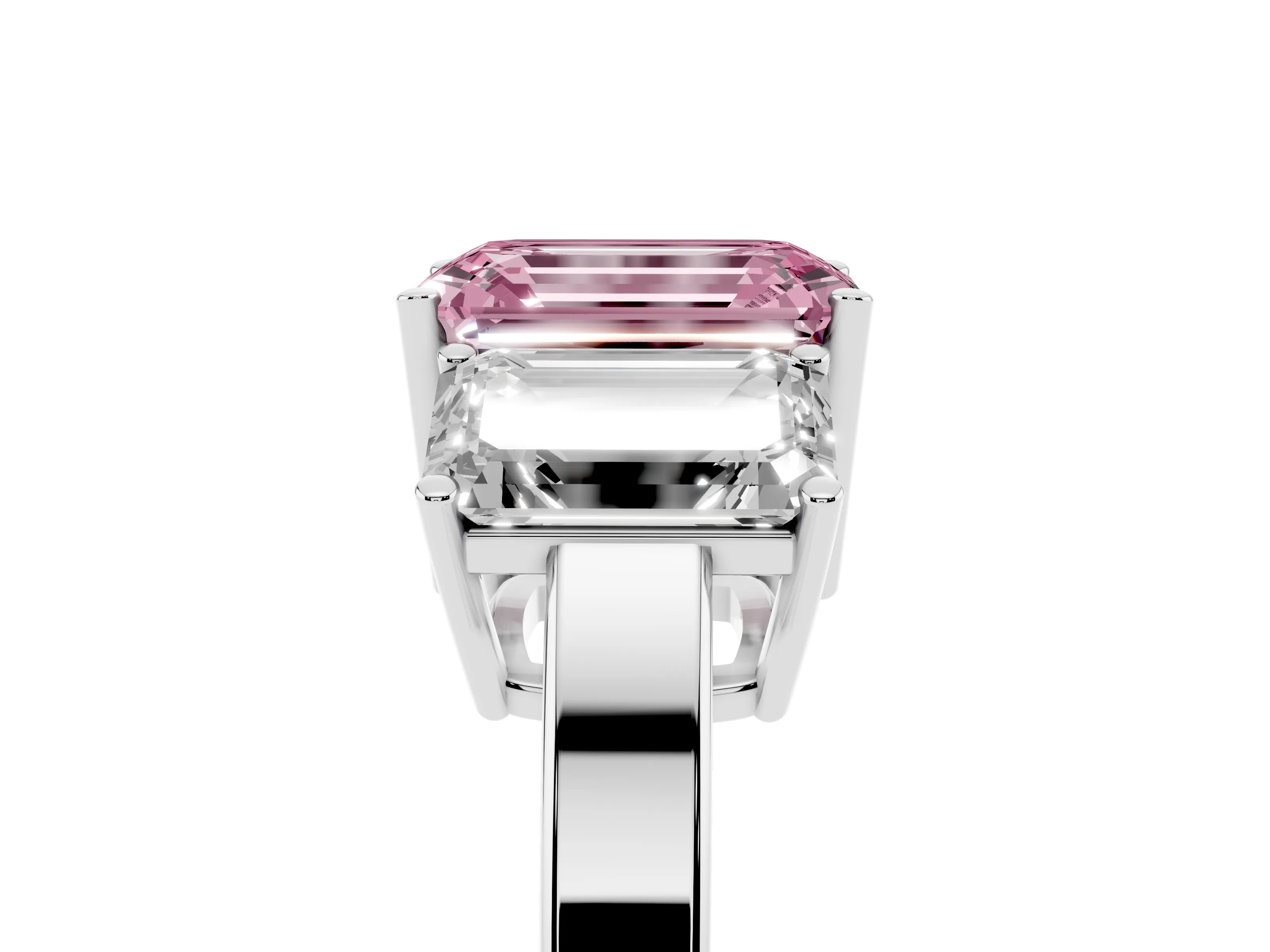 Fancy Pink Emerald Cut Diamond Three-Stone Engagement Ring Set in Silver with Flat Band