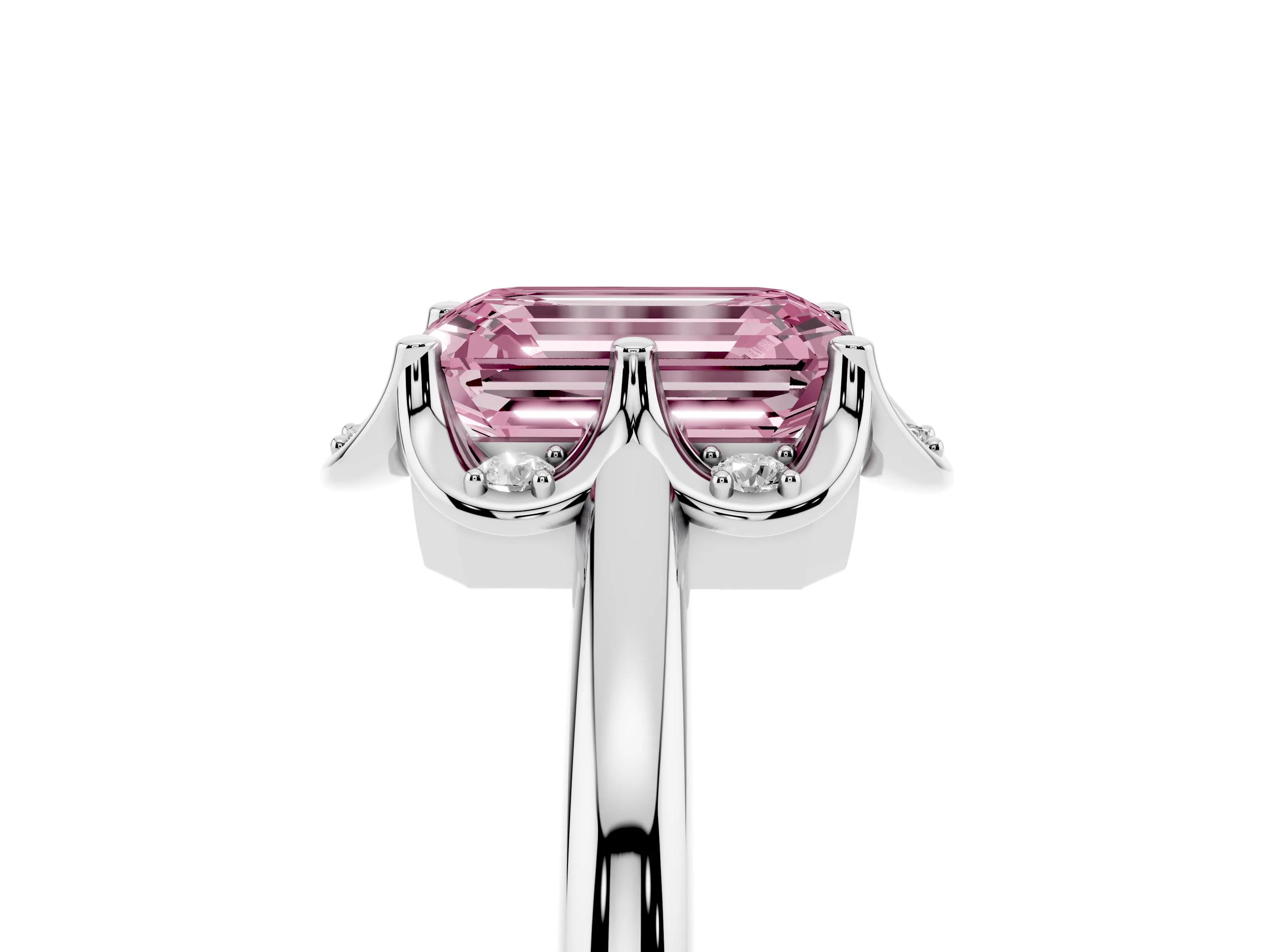 Fancy Pink Emerald Cut Diamond Round Cluster Halo Ring Set in Silver with Solitaire Band and Prong Setting