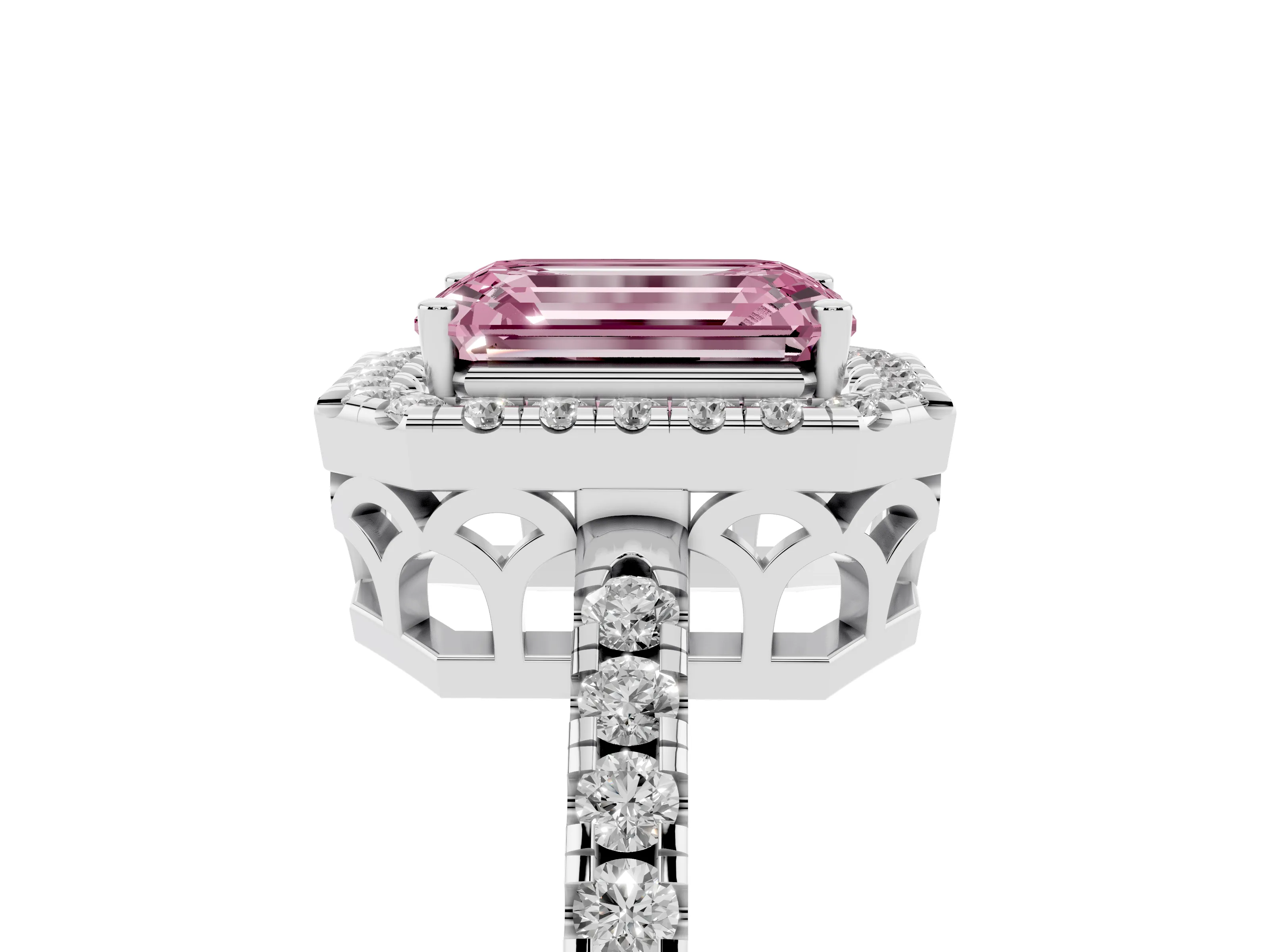 Fancy Pink Emerald Cut Diamond Pavé Band Halo Engagement Ring Set in Silver with Prong Setting