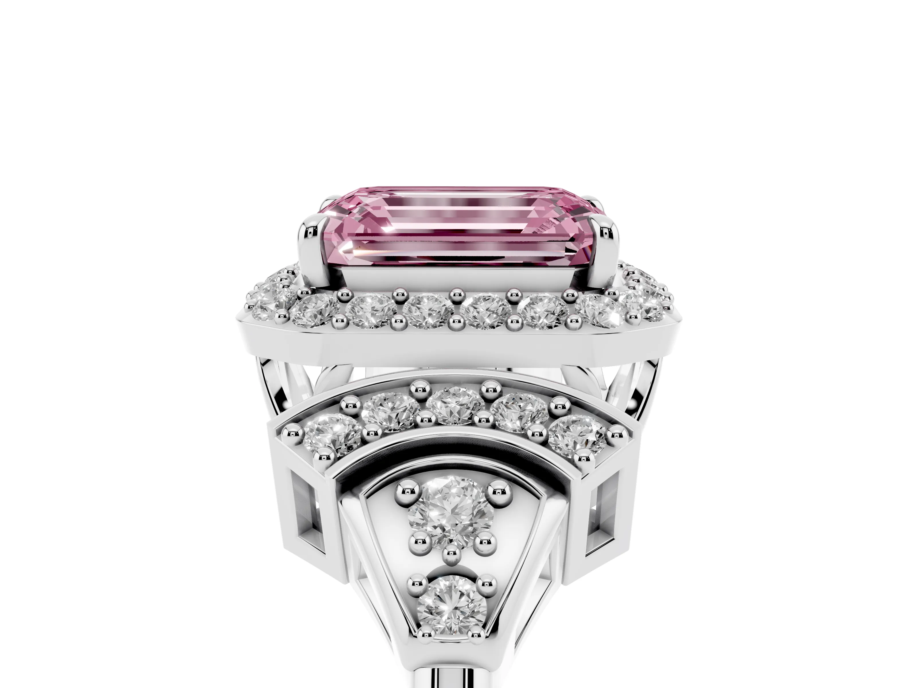 Fancy Pink Emerald Cut Diamond Halo Engagement Ring Set in Silver with Accent Stone Split Shank